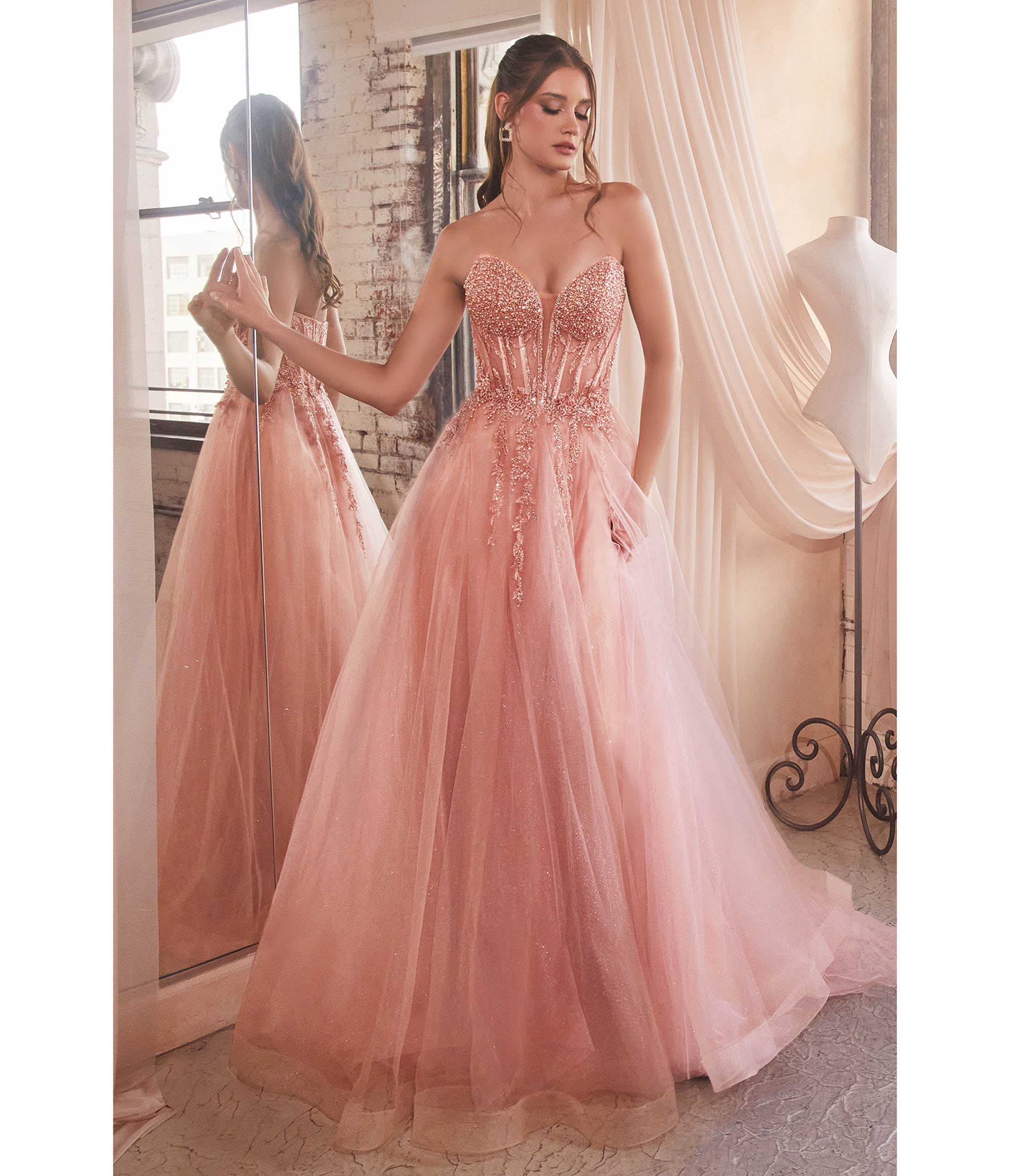Ladivine by Cinderella Divine Rose Gold Sparkle Corset Top Prom Gown - Elegant Formal Dress for Homecoming, Quinceañera & Evening Parties