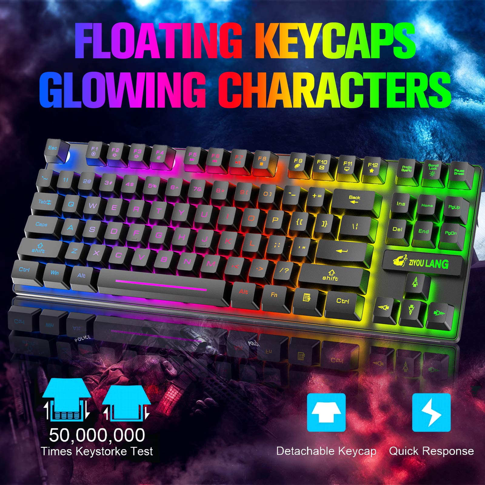 Wireless Keyboard and Mouse Set - 87 Key Rainbow LED Backlit, Rechargeable 3800mAh Battery, Mechanical Feel, RGB Mute Mouse for PC, Mac, Windows (Black) - Perfect for Gaming, Office Work, and Home Use