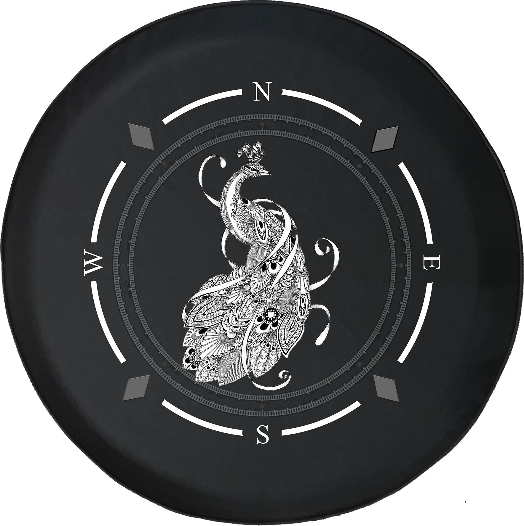 American Unlimited Spare Tire Cover with Compass - Whimsical Mandala Peacock Design - Universal Fit for SUV, Trailer, RV & Most Vehicles - Perfect for Road Trips & Outdoor Adventures