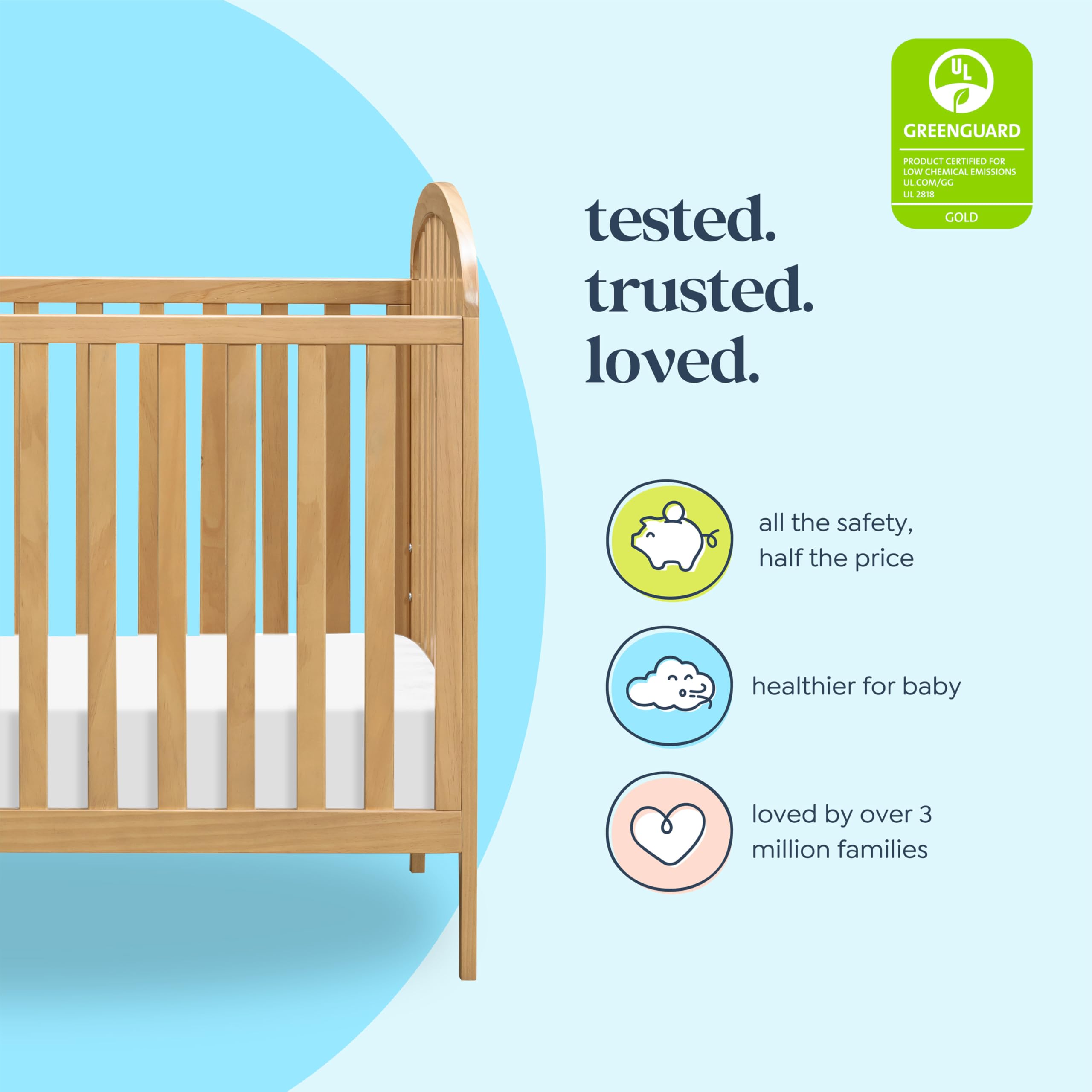 DaVinci Beau 3-in-1 Convertible Baby Crib - GREENGUARD Gold Certified, Converts to Toddler Bed & Daybed - Adjustable Height Wooden Crib in Honey Finish - Perfect for Nursery, Bedroom Transition & Space-Saving Baby Furniture
