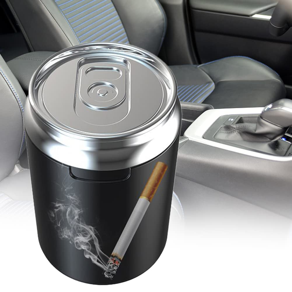 iKASUS Portable Car Ashtray with Lid & Blue LED Light - Smokeless Cigarette Holder, Mini Car Trash Can for Cup Holder - Creative Car Decor Accessory for Travel, Commuting & Road Trips