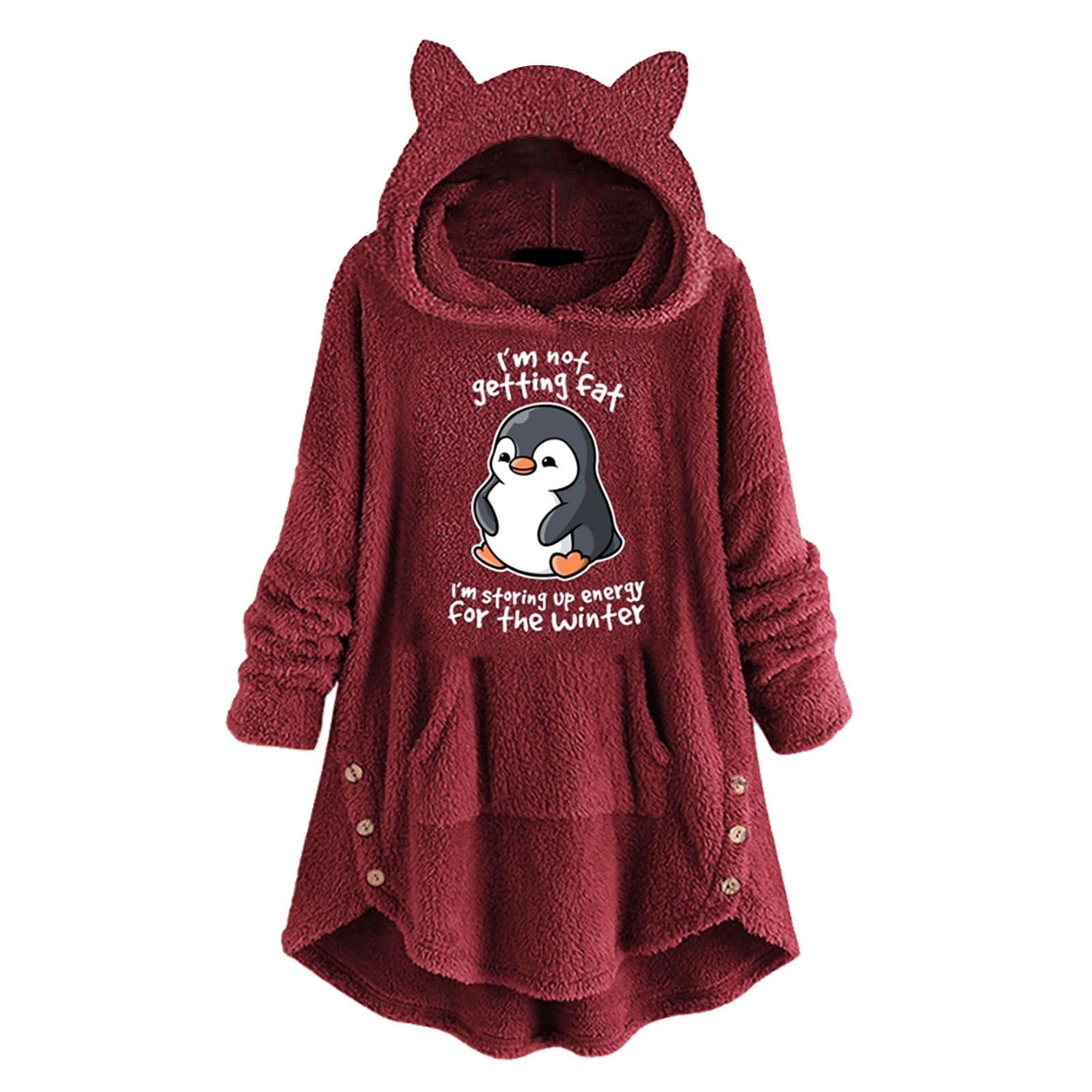 Women's Cute Cat Ear Hoodie - Long Sleeve Fleece Sweatshirt with Print, Button & Pocket - Zip Up Pullover for Casual Wear, Winter Fashion & Street Style