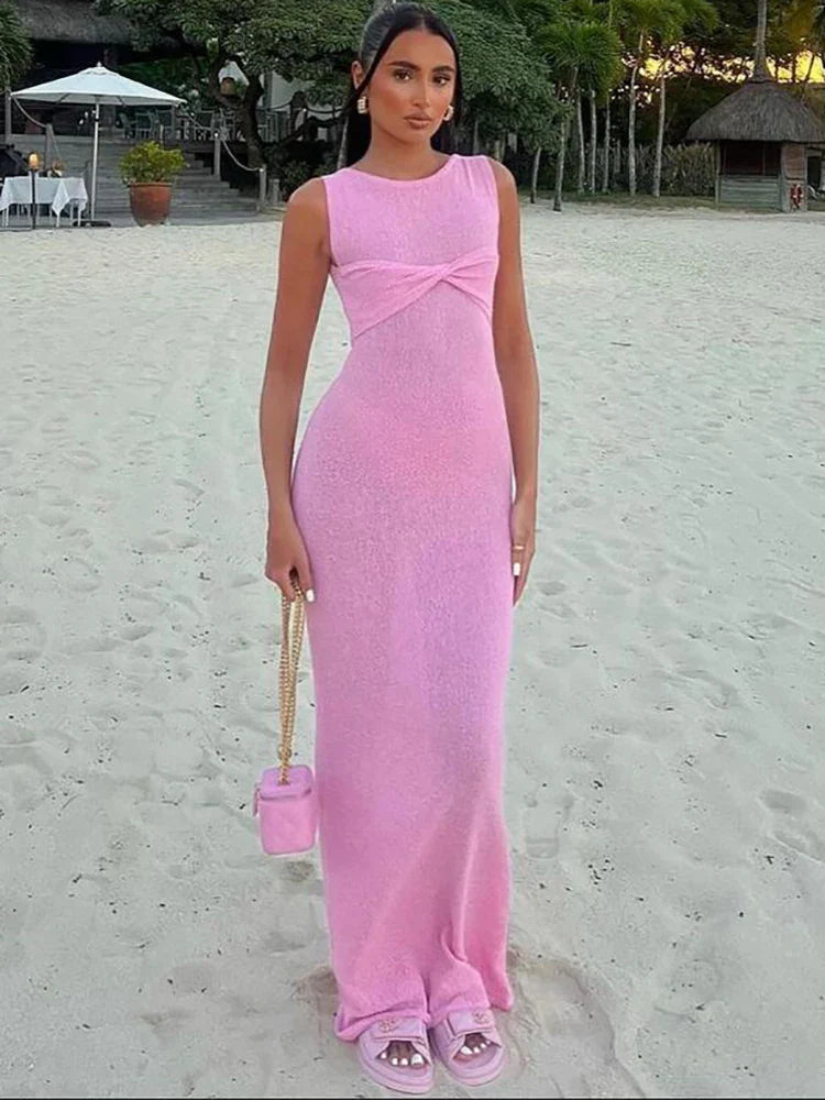 Fantoye Women's Knitted Round Neck Ruched Maxi Dress - Pink Sleeveless See-Through Summer Dress for Elegant Party, Beachwear & Casual Outings