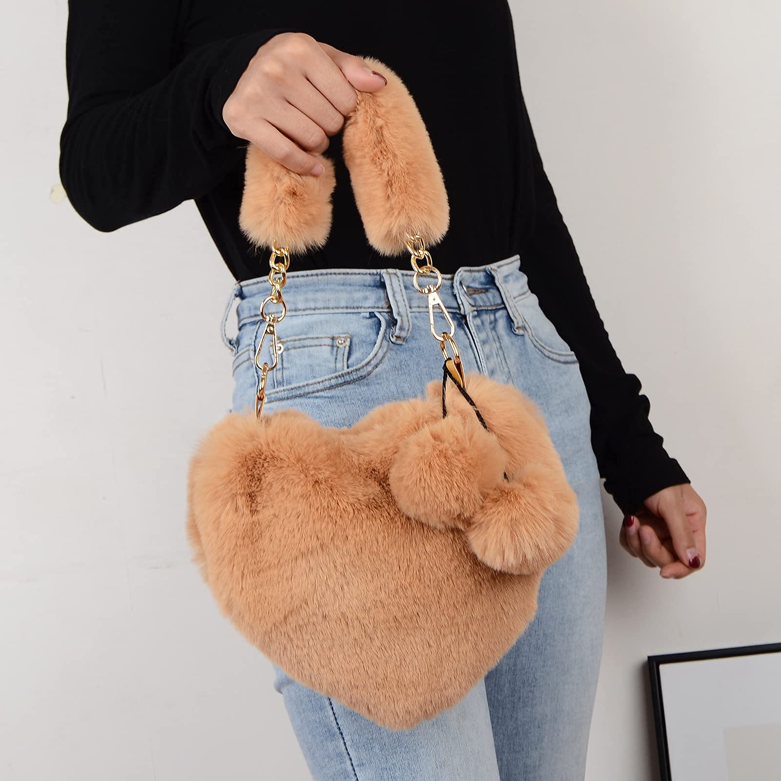 Rejolly Heart Shaped Faux Fur Handbag for Women & Girls - Soft Fluffy Small Shoulder Bag Clutch Purse - Perfect for Parties, Dates & Everyday Use