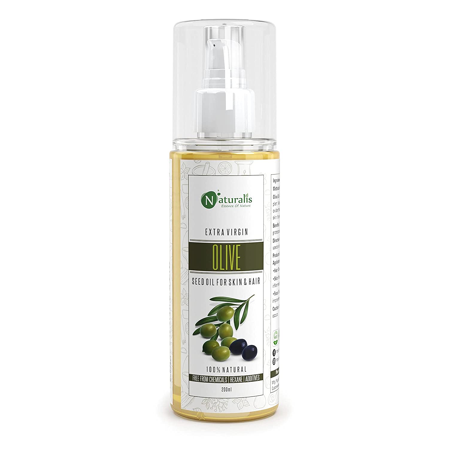 Naturalis Essence of Nature Cold Pressed Extra Virgin Olive Oil - 100% Pure Carrier Oil for Hair, Skin, Face & Massage - 200ml - Nourishing & Moisturizing for Dry Skin, Hair Care & Aromatherapy
