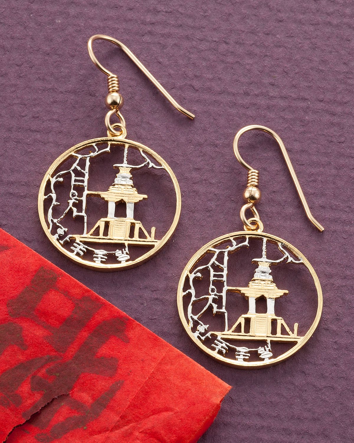 South Korean 10 Won Temple Coin Earrings - Hand-Cut 14K Gold & Rhodium Plated - 7/8 Inch - Perfect for Boho Jewelry & Cultural Fashion Accessories