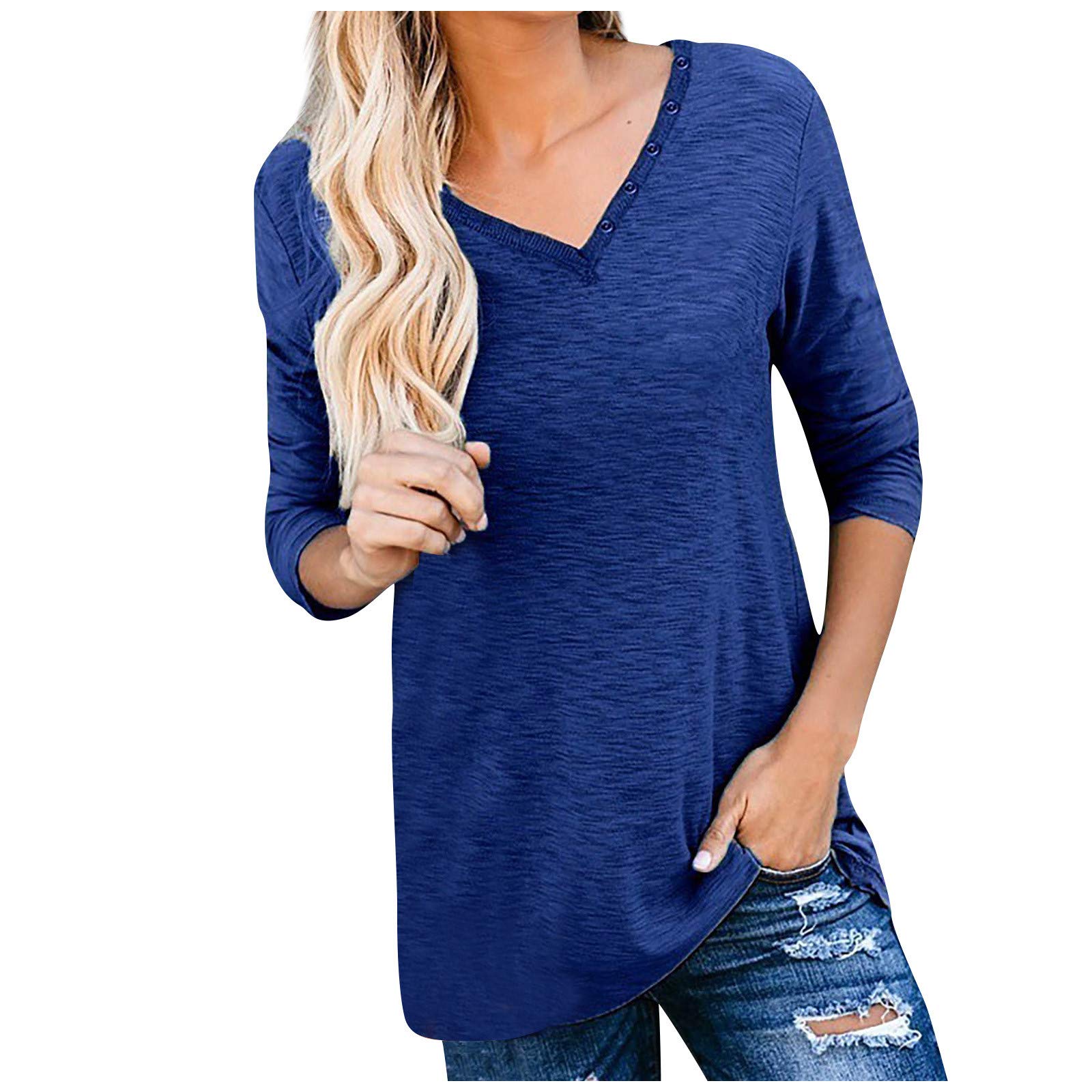 Women's White Casual V-Neck Button Down Blouse - Loose Fit Long Sleeve Solid Top for Work, Office & Everyday Wear