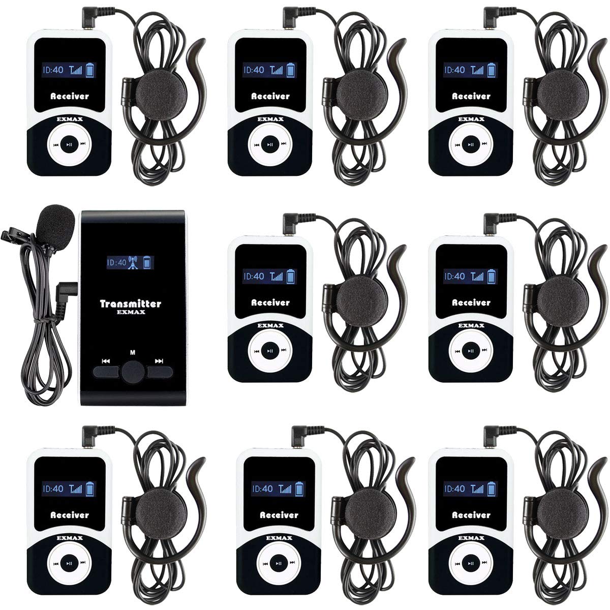 EXMAX EX-100 Wireless Tour Guide System - 1 Transmitter & 10 Receivers with Microphone & Headset for Church, Translation, Teaching, Conference & Travel - Perfect for Simultaneous Interpretation, Silent Events & Live Broadcasting