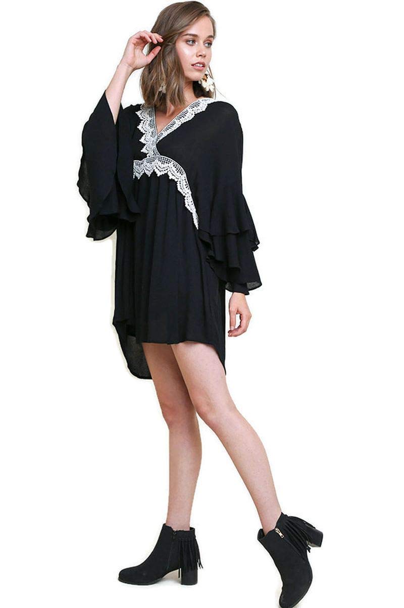 Umgee Women's Layered Ruffle Bell Sleeve Crochet Mini Dress - Boho Chic Summer Beach Dress for Vacation, Party & Date Night