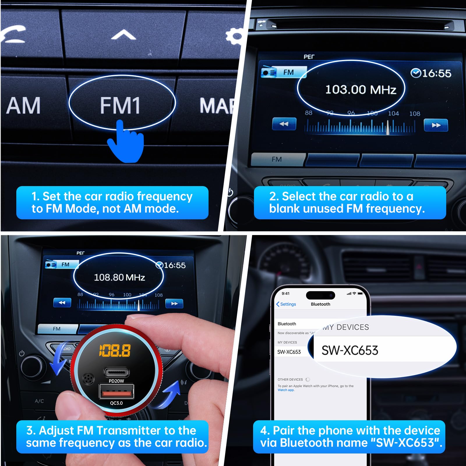 Syncwire Bluetooth 5.4 FM Transmitter for Car with 38W PD&QC3.0 Fast Charging - Wireless Car Adapter with Microphone, Bass Boost & MP3 Player - Hands-Free Calling & Music Streaming for Road Trips & Commuting