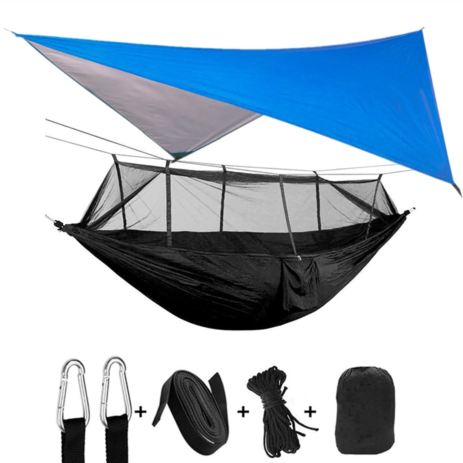 Portable Camping Hammock with Mosquito Net & Rain Fly Tarp - Lightweight Nylon Hanging Bed for Outdoor Adventures, Backpacking, Hiking (Blue & Black)