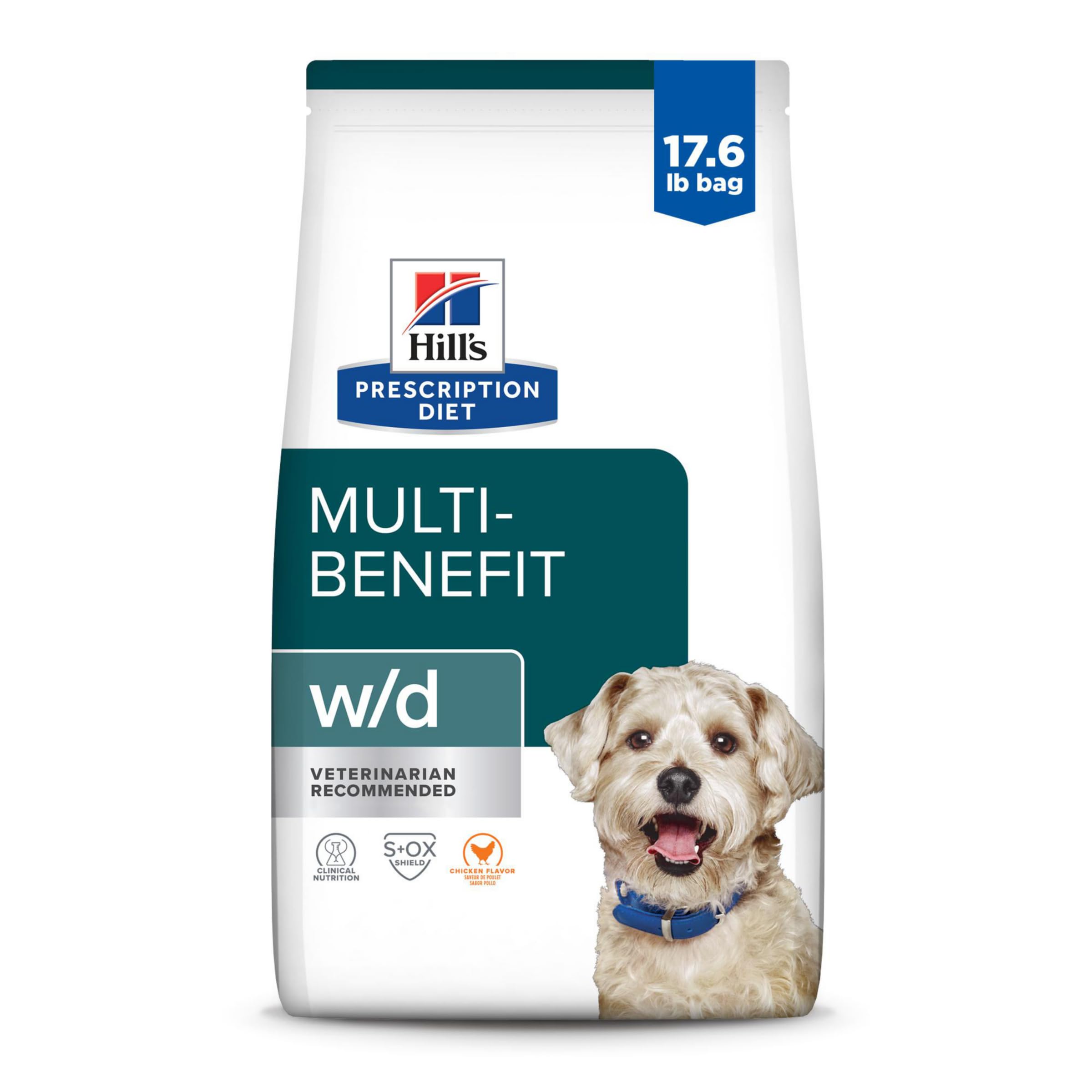 Hill's Prescription Diet w/d Multi-Benefit Digestive Weight Glucose Urinary Management Dry Dog Food - Chicken Flavor Vet Recommended Diet 17.6 lb Bag for Dogs with Diabetes Weight Issues & Digestive Problems - Perfect for Meal Management and Veterinary Nutritional Support
