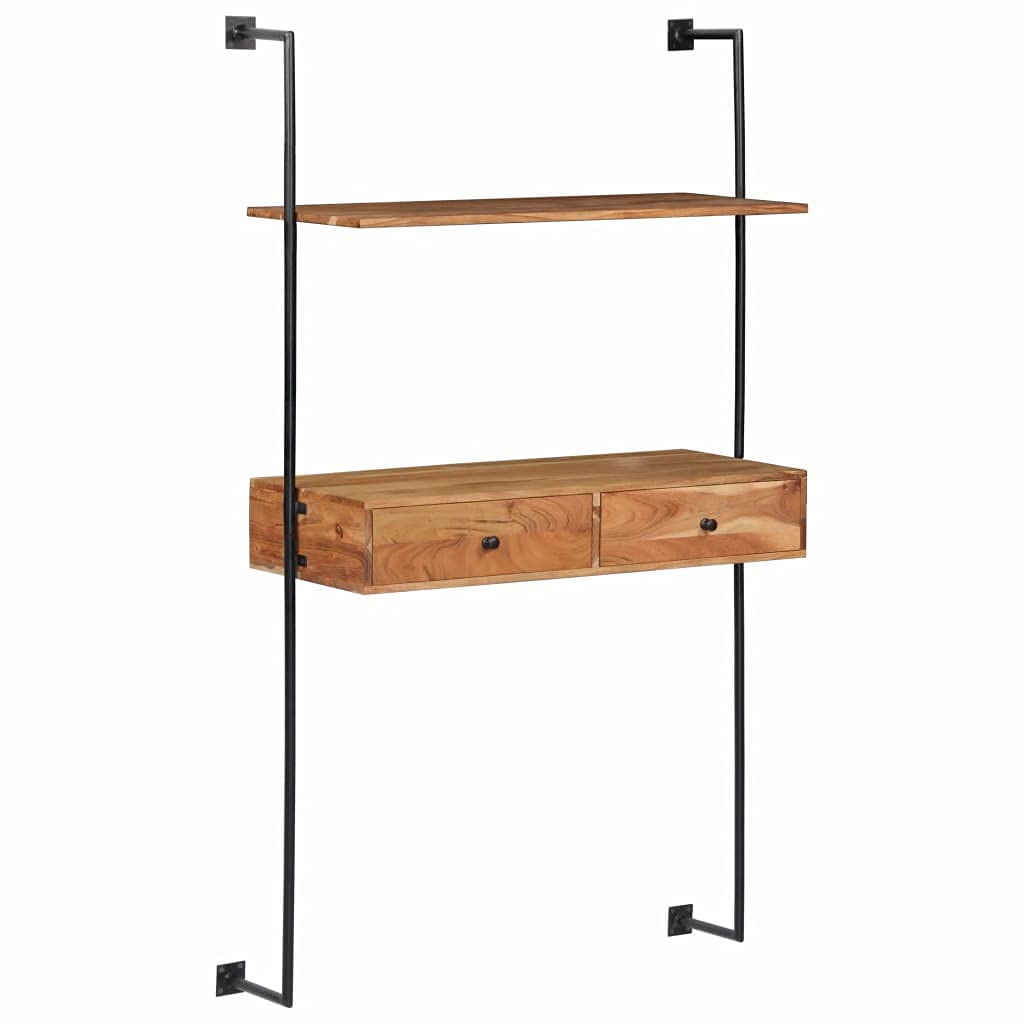 Solid Acacia Wood Wall Mounted Floating Desk with 2 Drawers & Shelf - Space Saving Writing Table for Bedroom, Living Room, Study or Balcony - Perfect for Small Spaces, Home Office & Modern Interior Design