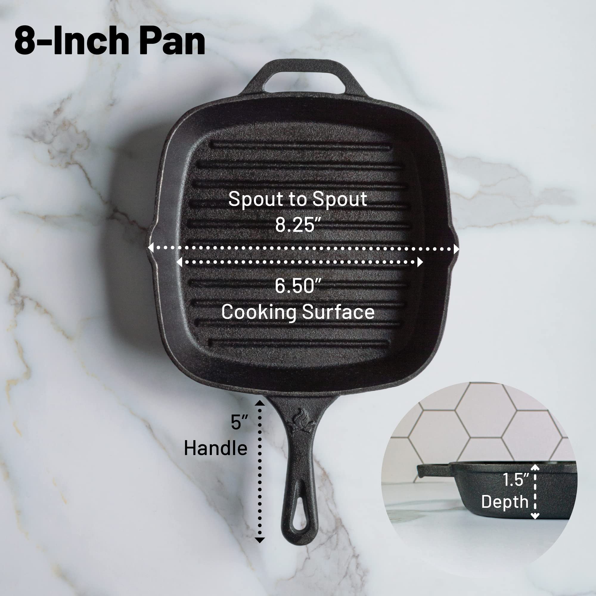8 Inch Square Pre-Seasoned Cast Iron Grill Pan - Perfect for Camping, Backcountry Cooking & Outdoor BBQ - Heavy Duty Skillet for Steaks, Vegetables & More