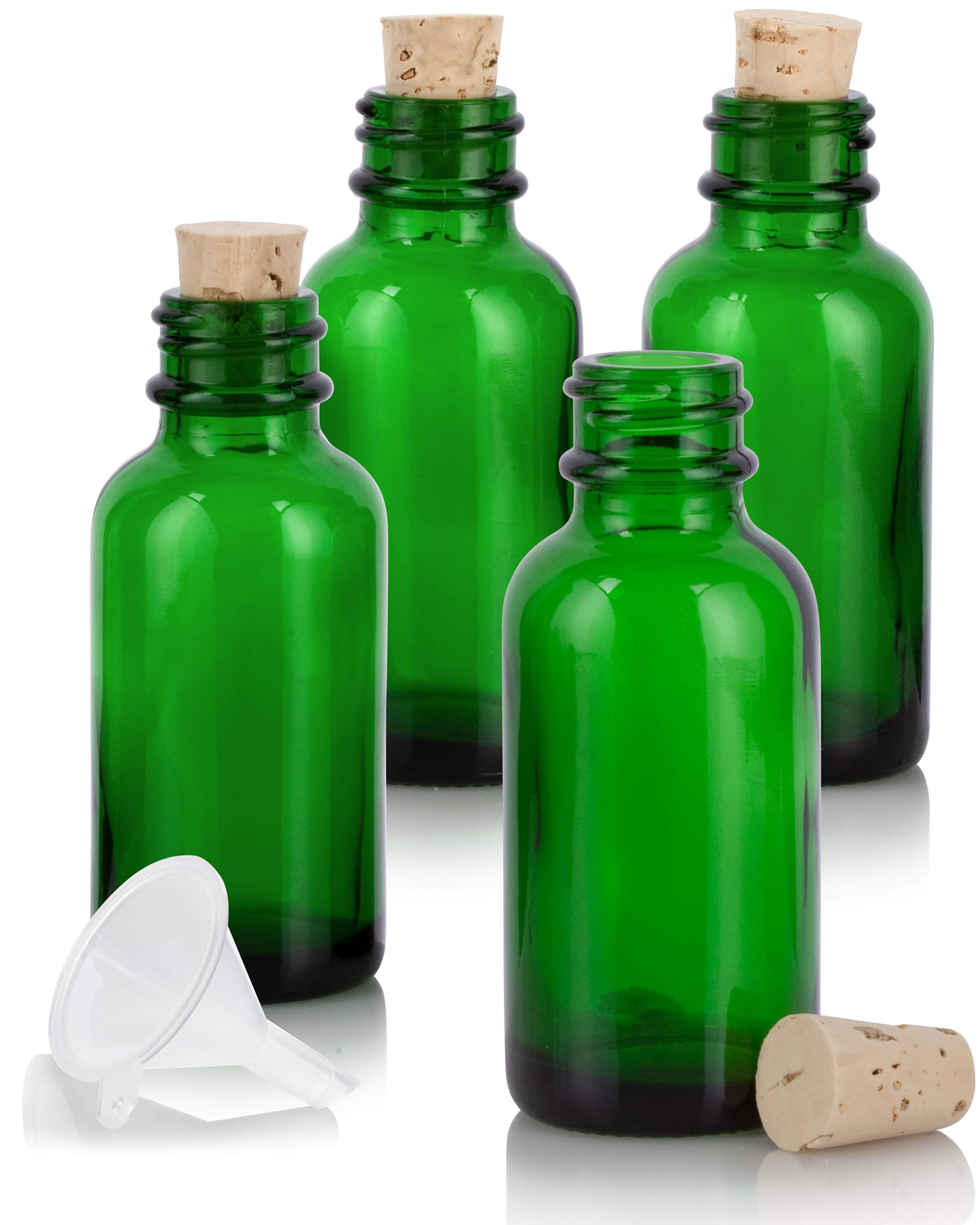 JUVITUS 4-Pack 1 oz (30 ml) Green Glass Boston Round Bottles with Cork Stoppers & Funnel - Essential Oil, Perfume, DIY Craft Storage Solution