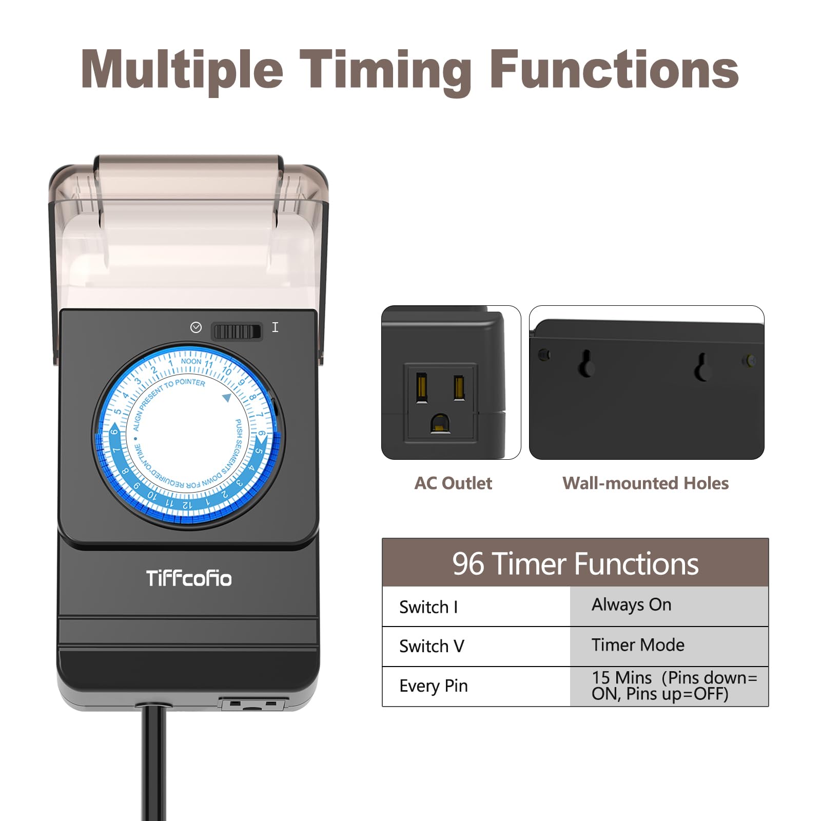 Heavy Duty Outdoor Mechanical Timer - Waterproof 24-Hour Pool Pump Timer with 15 Minute Intervals, 2FT Cord & Grounded Outlet (15A/1875W) - Perfect for Outdoor Lights, Pools, Sprinklers & Garden Irrigation Systems
