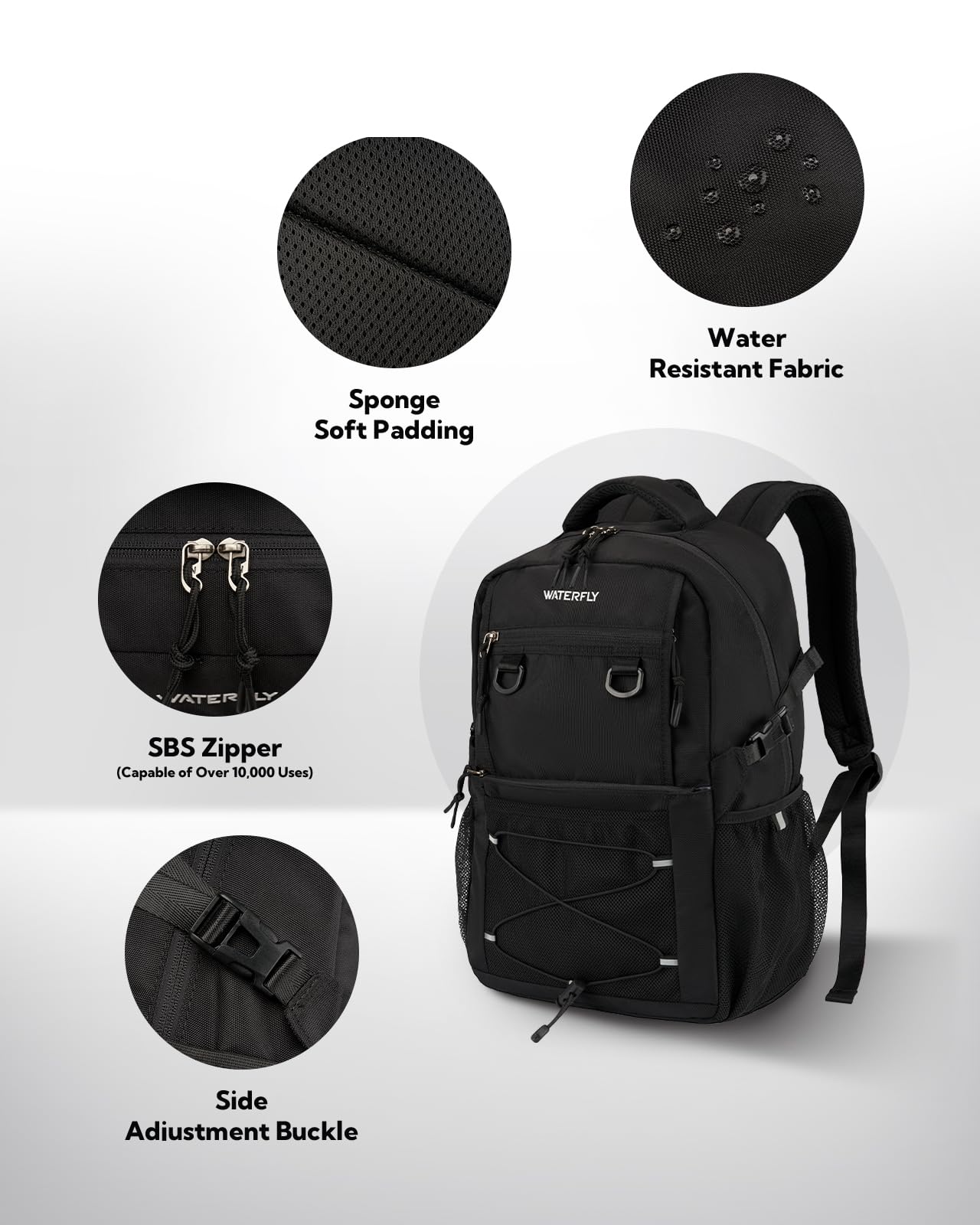 **WATERFLY 22L Lightweight Travel Backpack for Hiking, Commuting & College - Durable Daypack with Multiple Compartments for Men & Women - Perfect for Outdoor Adventures, Airplane Carry-On & Everyday Use - Black**    *(Use Cases: Ideal for travel, hiking, work, school, gym, weekend trips, and daily commutes.)*