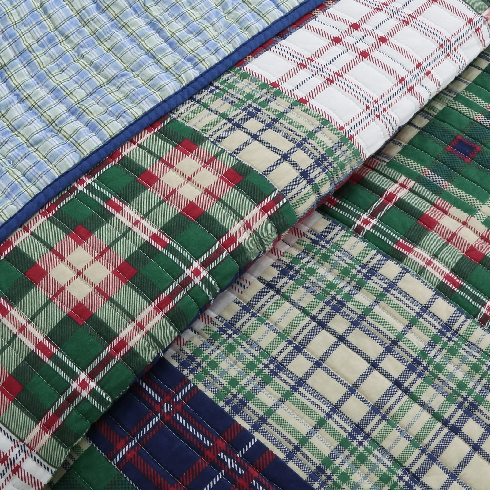 Tartan Plaid Reversible 3-Piece Quilt Set - 100% Cotton Full/Queen Size Bedding - Cozy Bedroom Decor for Fall & Winter