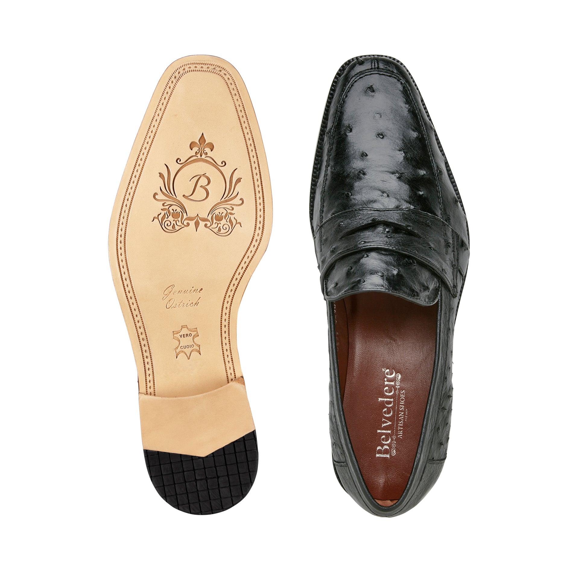 Belvedere Espada Genuine Ostrich Leather Dress Shoes for Men - Black (02440) | Premium Business & Formal Occasion Footwear