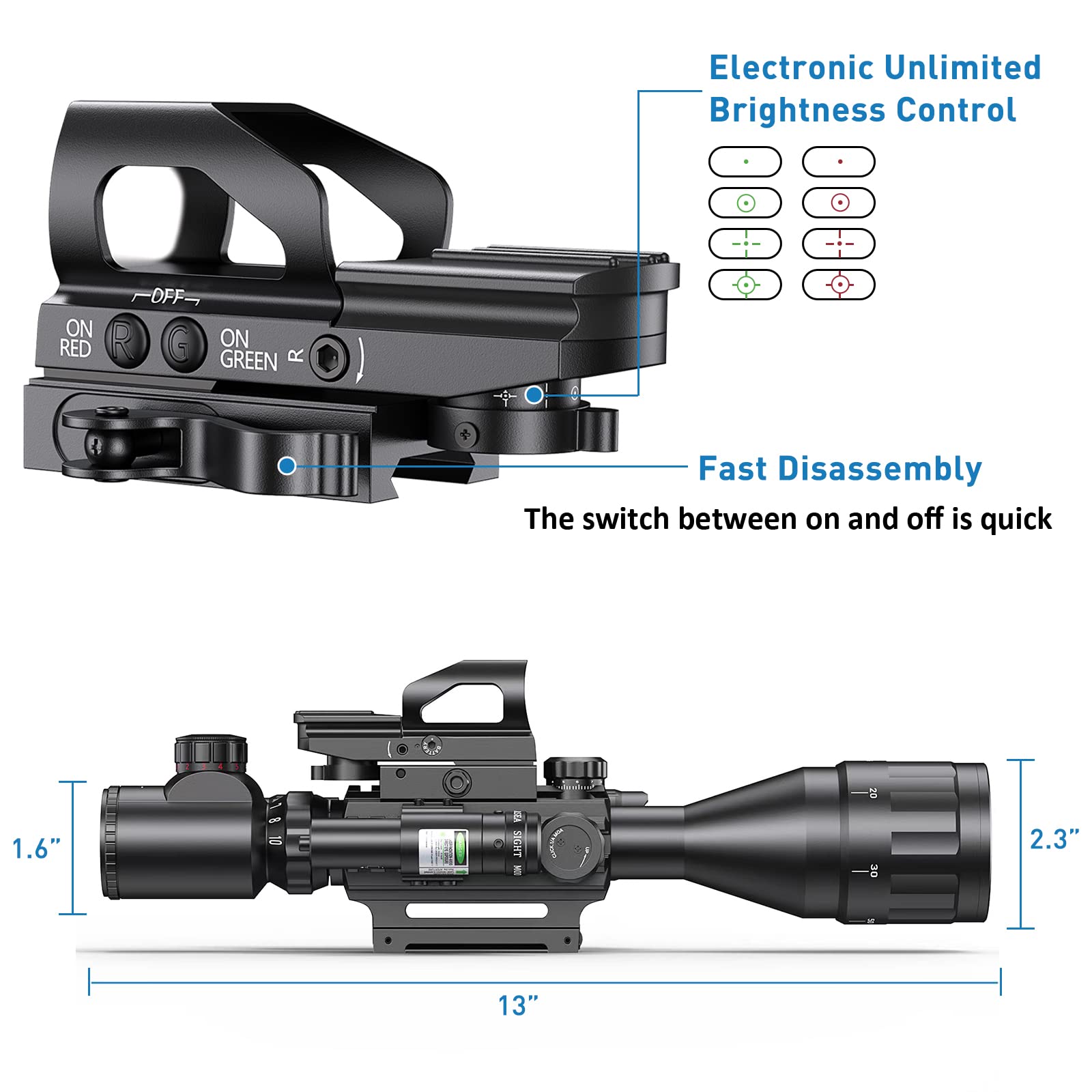 4-16x50AO Rifle Scope with Red/Green Illumination & Green Laser Sight - 5 Brightness Modes, Holographic Reticle Red Dot for Rail Mount - Perfect for Hunting, Target Shooting, and Tactical Operations