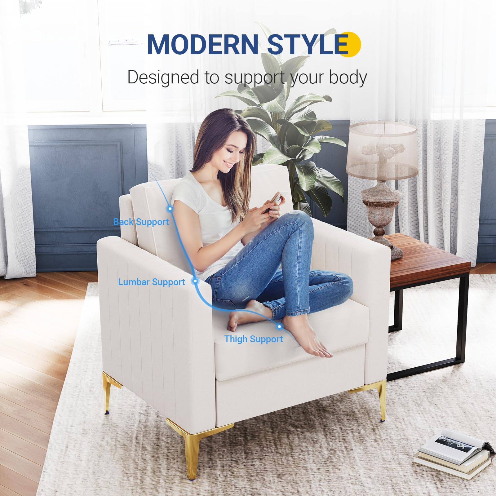 Avenco Modern Sofa & Armchair Set - Extra Deep Seat Accent Chairs, Ivory Upholstered Couch for Living Room, Apartment, Home Office | Perfect for Lounging, Entertaining & Small Space Decor