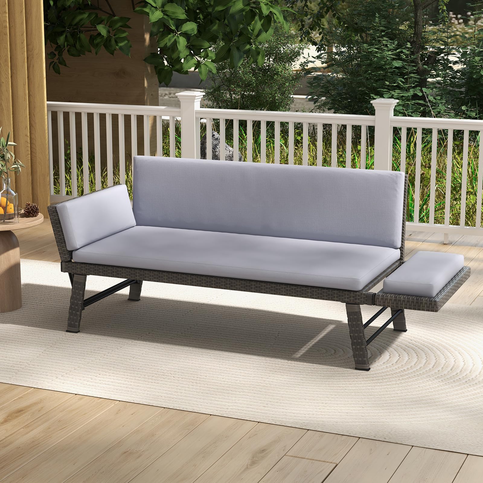 Tangkula Outdoor Convertible Sofa Daybed with Adjustable Armrests - PE Rattan Patio Couch with Thick Cushions - Gray - Perfect for Porch, Balcony, Backyard & Poolside Relaxation