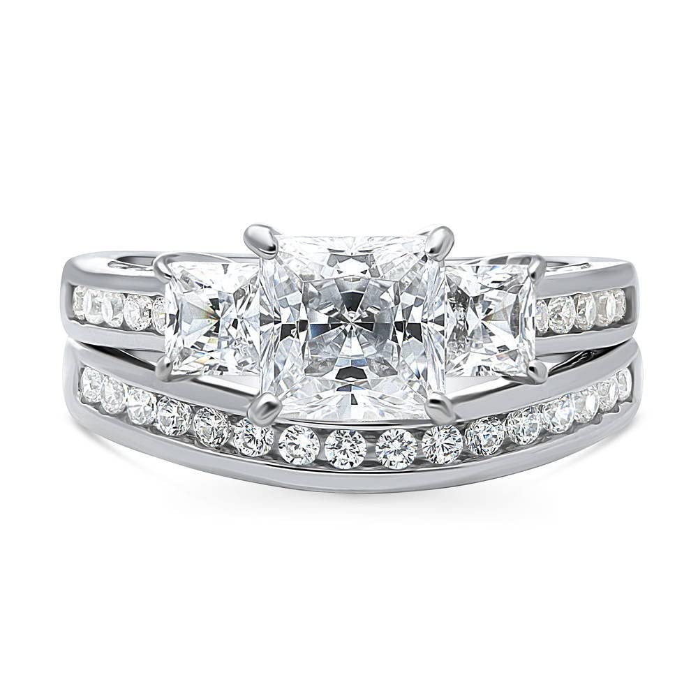 BERRICLE Sterling Silver 3-Stone Princess Cut Cubic Zirconia Engagement Ring Set for Women, 1.6 Carat CZ Wedding Band, Rhodium Plated Size 4-10 - Perfect for Proposals, Anniversaries & Bridal Jewelry Gifts