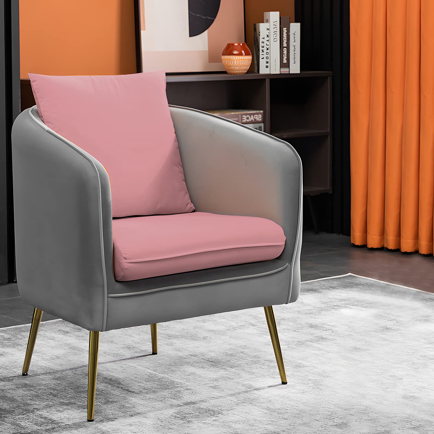 Magshion Modern Accent Chair with Backrest Pillow - Barrel Armchair for Small Spaces, 550 lbs Capacity Upholstered Single Sofa in Pink & Gray - Perfect for Living Room, Bedroom, Office & Reading Nook