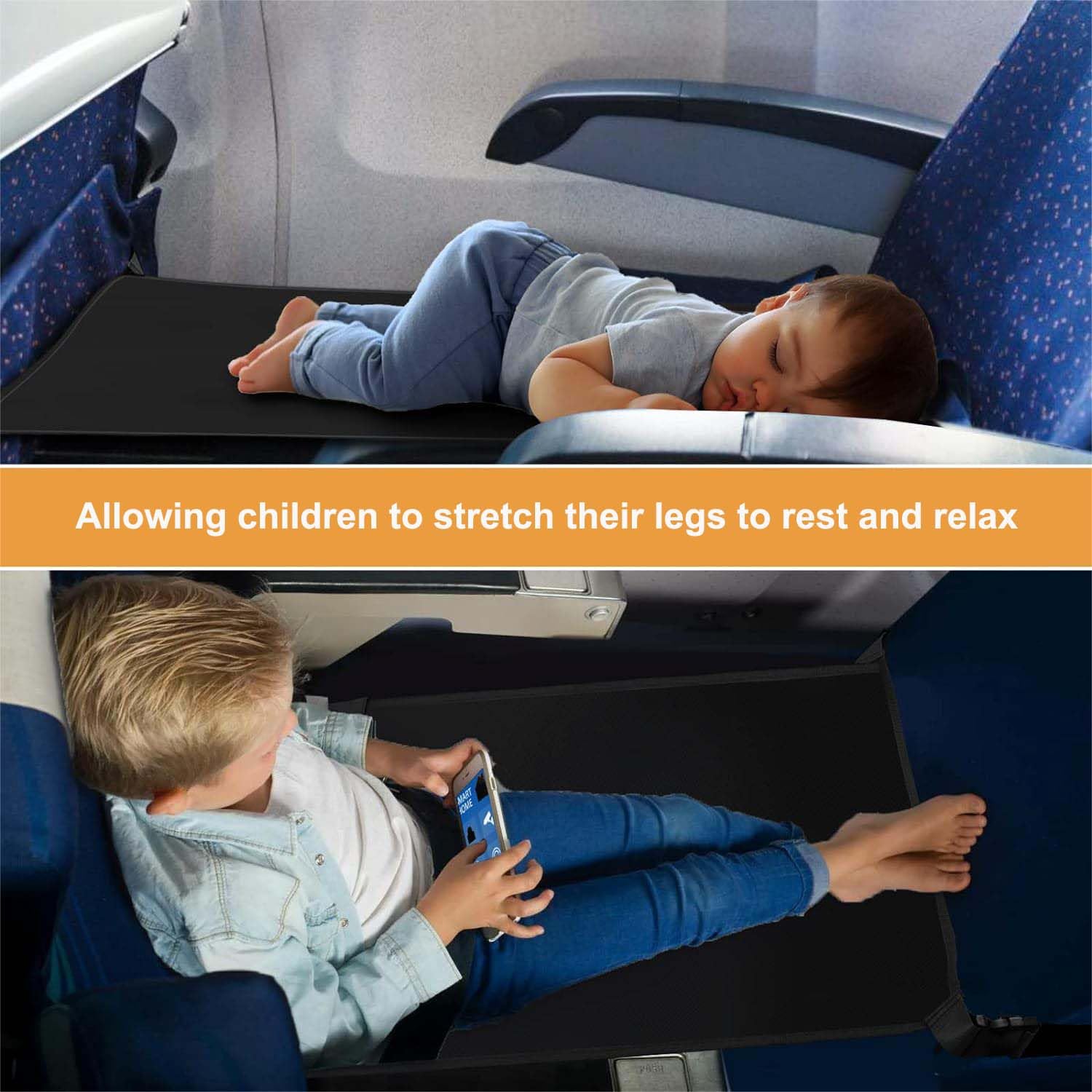 **Airplane Seat Extender for Kids - Adjustable Leg Rest & Foot Hammock for Toddlers - Portable Travel Essential for Comfortable Flights (Black) - Perfect for Long-Haul Flights & Family Travel**