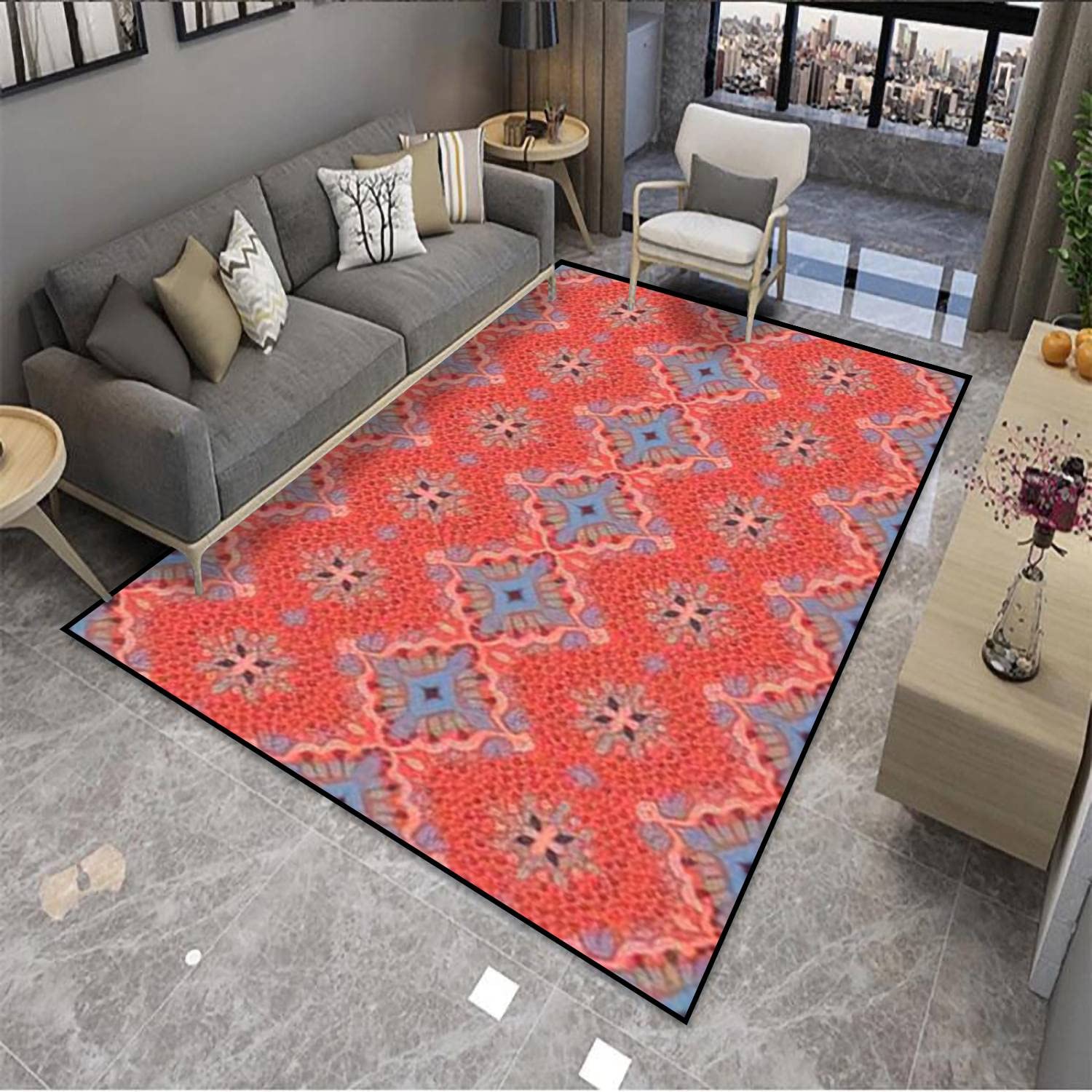 Premium Non-Slip Oriental Damask Area Rug - Talavera Pottery & Azulejos Portugal Inspired Turkish Design - Soft Indoor/Outdoor Carpet for Living Room, Bedroom, Yoga & Home Decor - Perfect for Cozy Spaces, Entryways & Meditation Areas