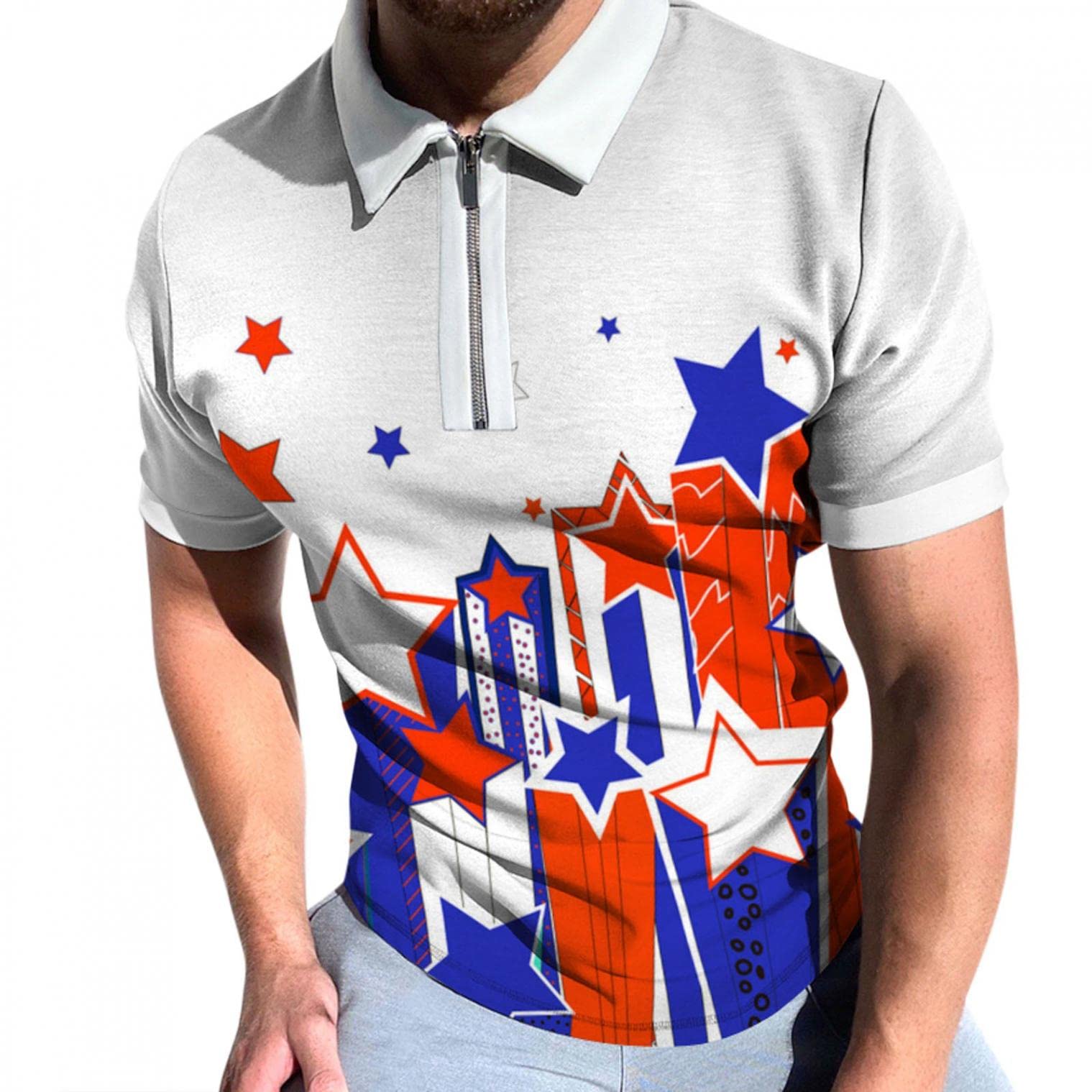 Sertiohcv Men's Classic Fit Short Sleeve Polo Shirts - Casual Zipper Lapel Star Print T-Shirts for Men | Breathable & Stylish Summer Top | Perfect for Office, Golf, and Outdoor Activities