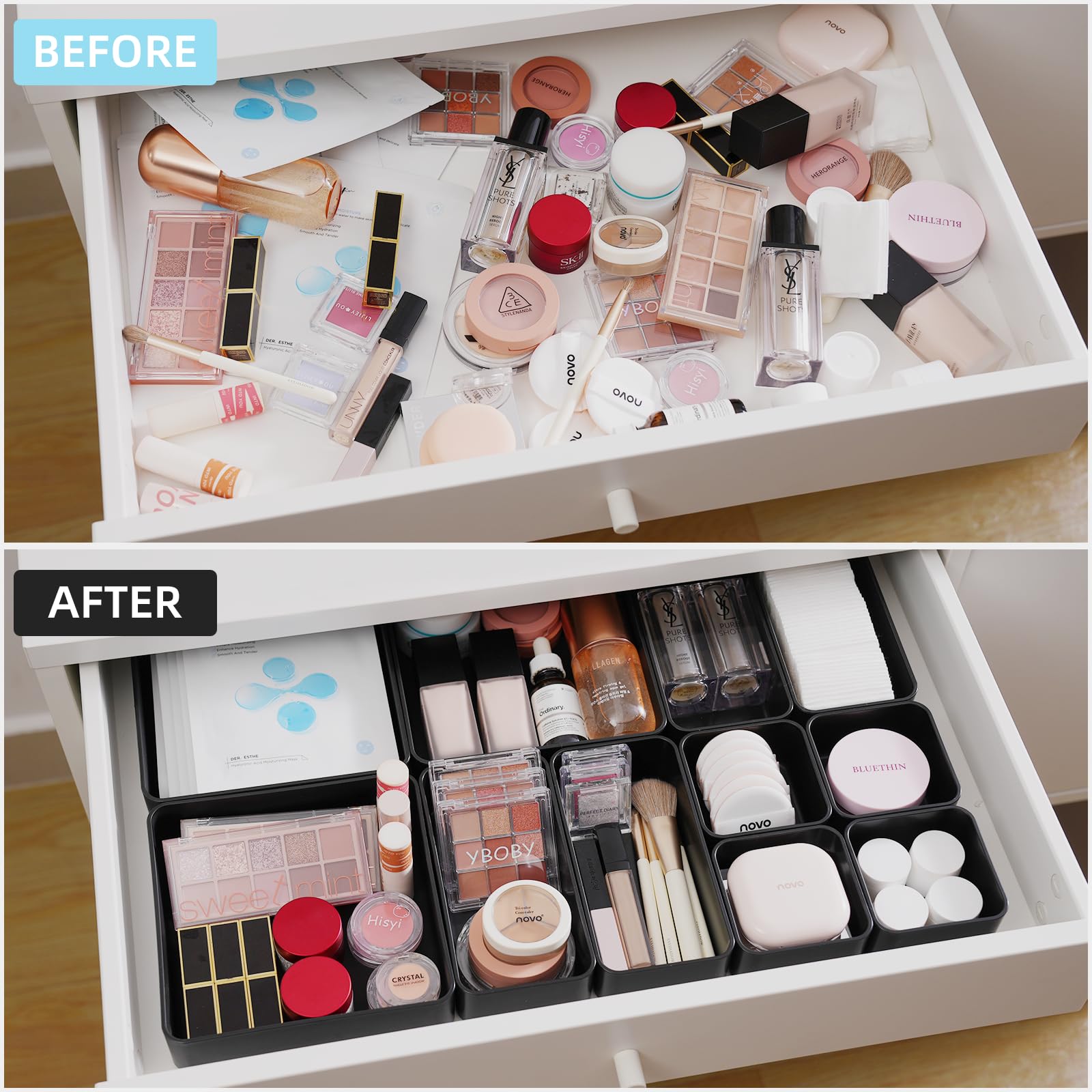 11-Piece Stackable Drawer Organizer Set - Multi-Size Desk & Vanity Storage Bins for Makeup, Stationery, Utensils - Perfect for Bathroom, Dresser, Office & Kitchen Organization