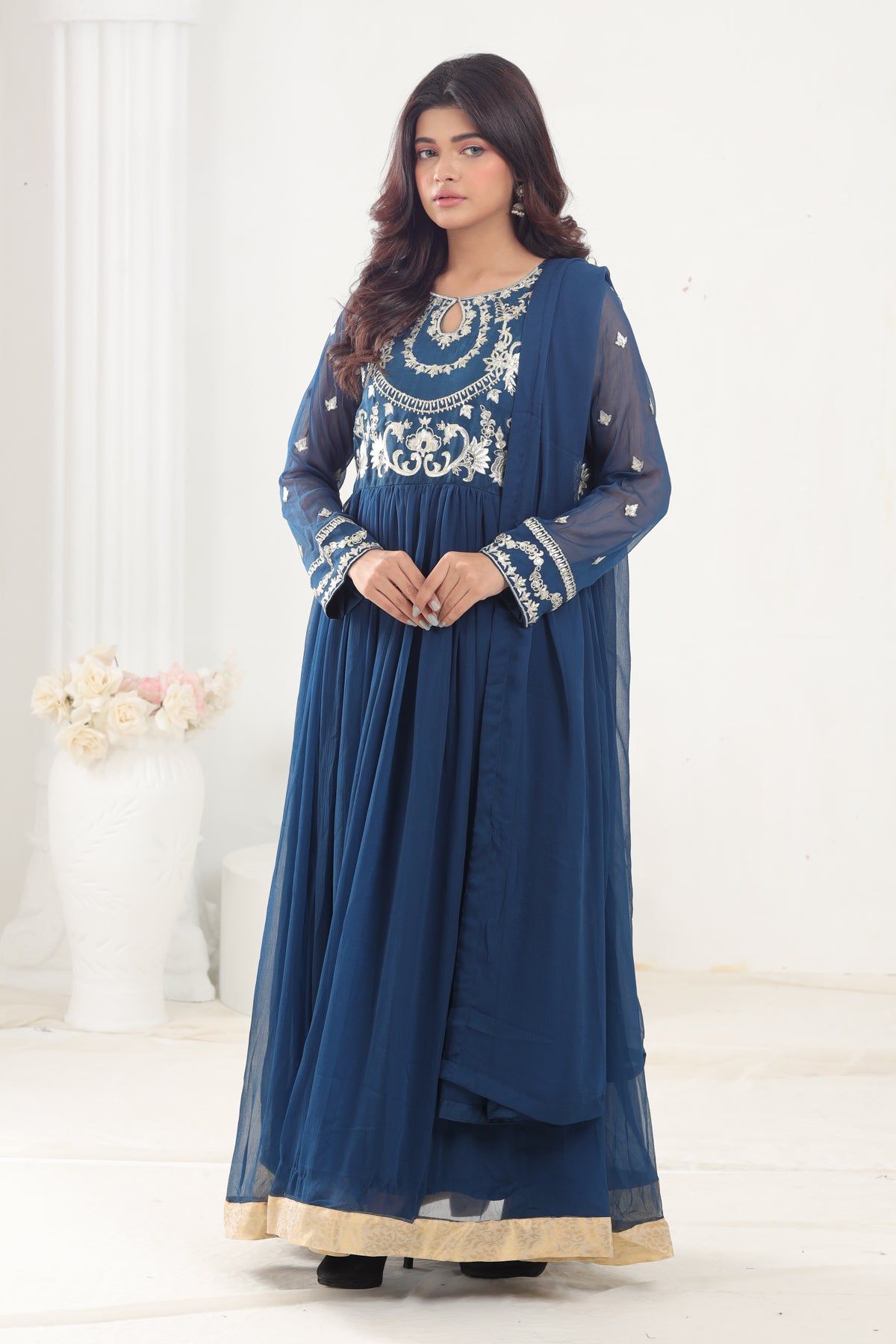 Elegant Chiffon Peacock Blue 3-Piece Stitched Suit Set for Women | Stonez | Perfect for Weddings, Parties & Special Occasions