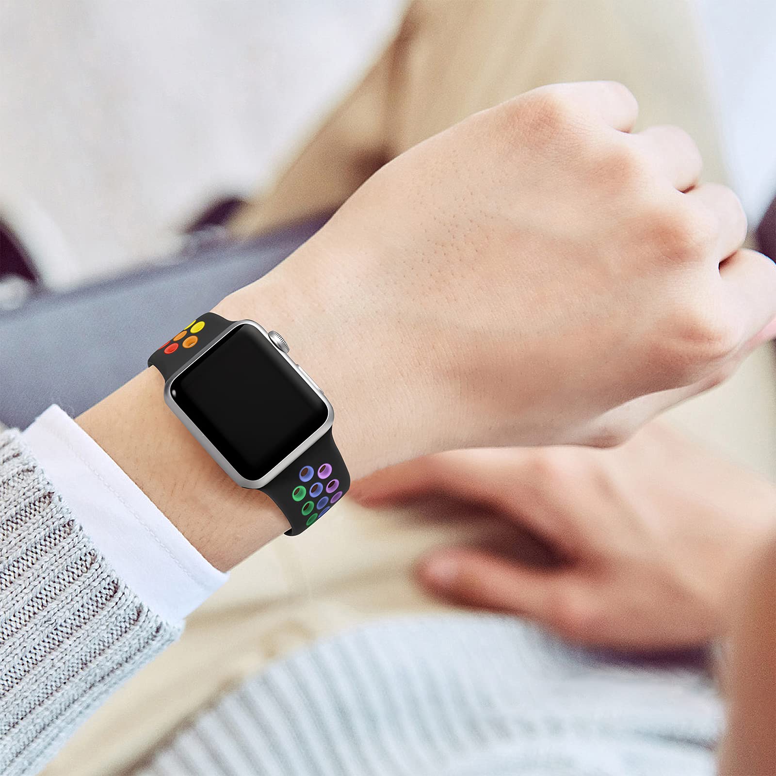 Lerobo Soft Silicone Sport Band Compatible with Apple Watch Series 10/9/8/7/6/5/4/3/2/1 & SE & Ultra 2 (45mm 44mm 46mm 42mm 49mm) - Breathable Lightweight Wrist Strap Replacement for Women & Men - Black/Rainbow (M/L) - Perfect for Running, Workouts & Daily Wear