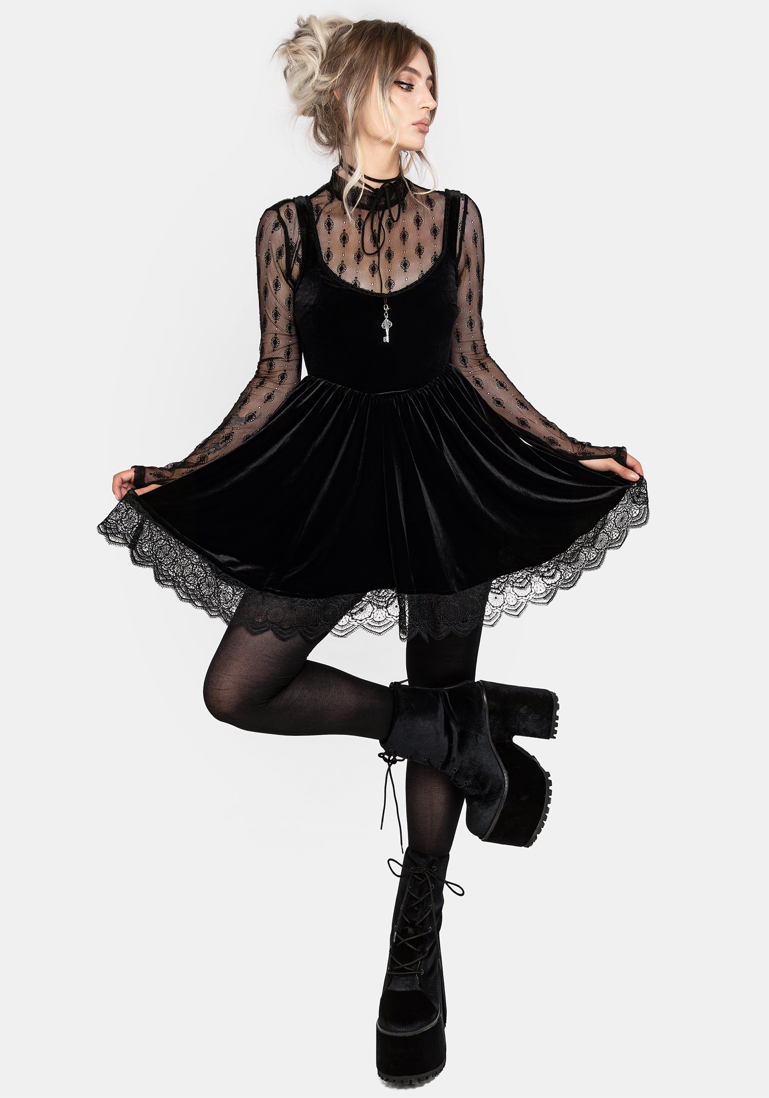 Orbweb Lace Hem Velour Mini Dress for Women - Elegant Party & Evening Wear - Perfect for Date Night, Cocktail Parties & Special Occasions