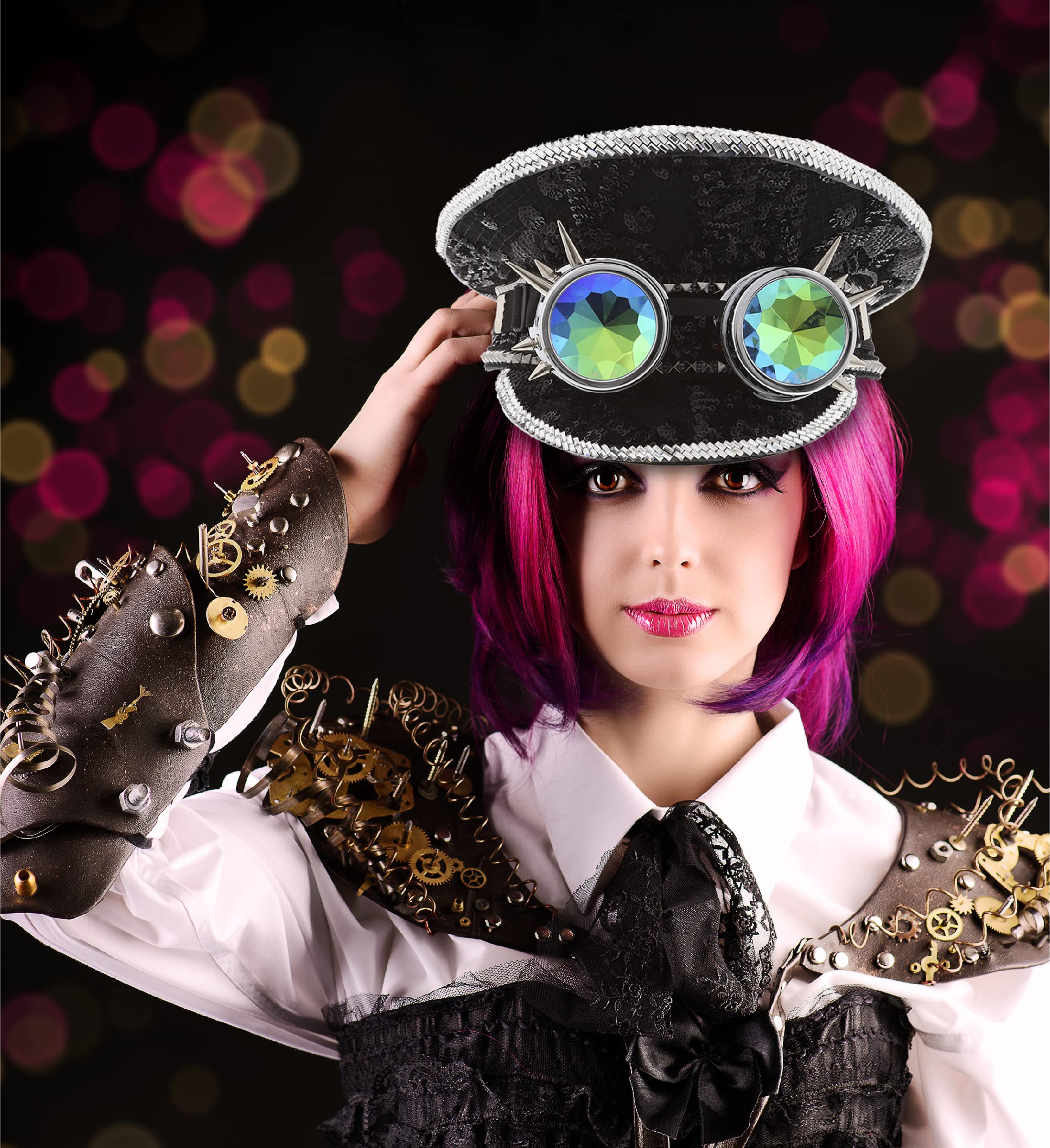 Black Sequin Steampunk Hat with Goggles - Victorian Cosplay Costume Accessory for Halloween Parties, Steampunk Events & Costume Balls