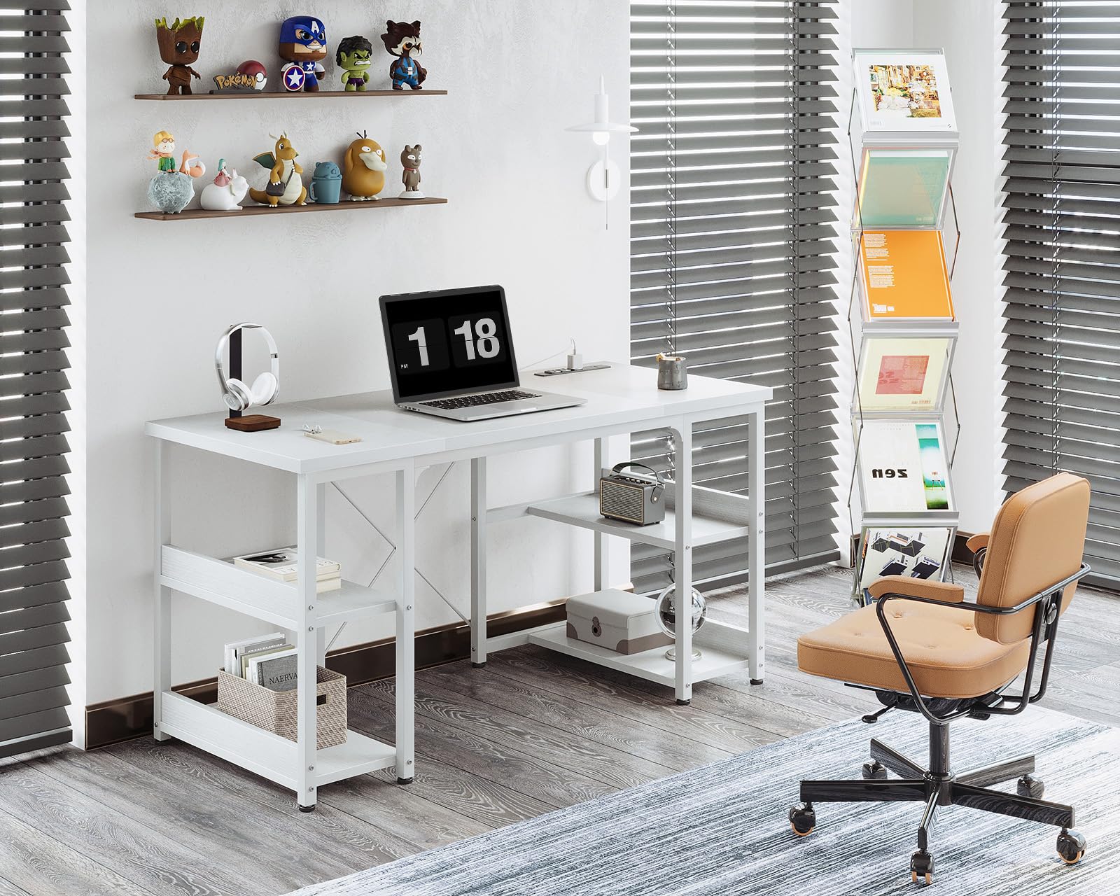 AODK 48 Inch Small Computer Desk with Power Outlets & USB Charging Port, Home Office Desk with Storage Shelves, Space-Saving Student Laptop Desk for Small Spaces - Perfect for Home Office, Study Room, Dorm & Kids Bedroom (White)