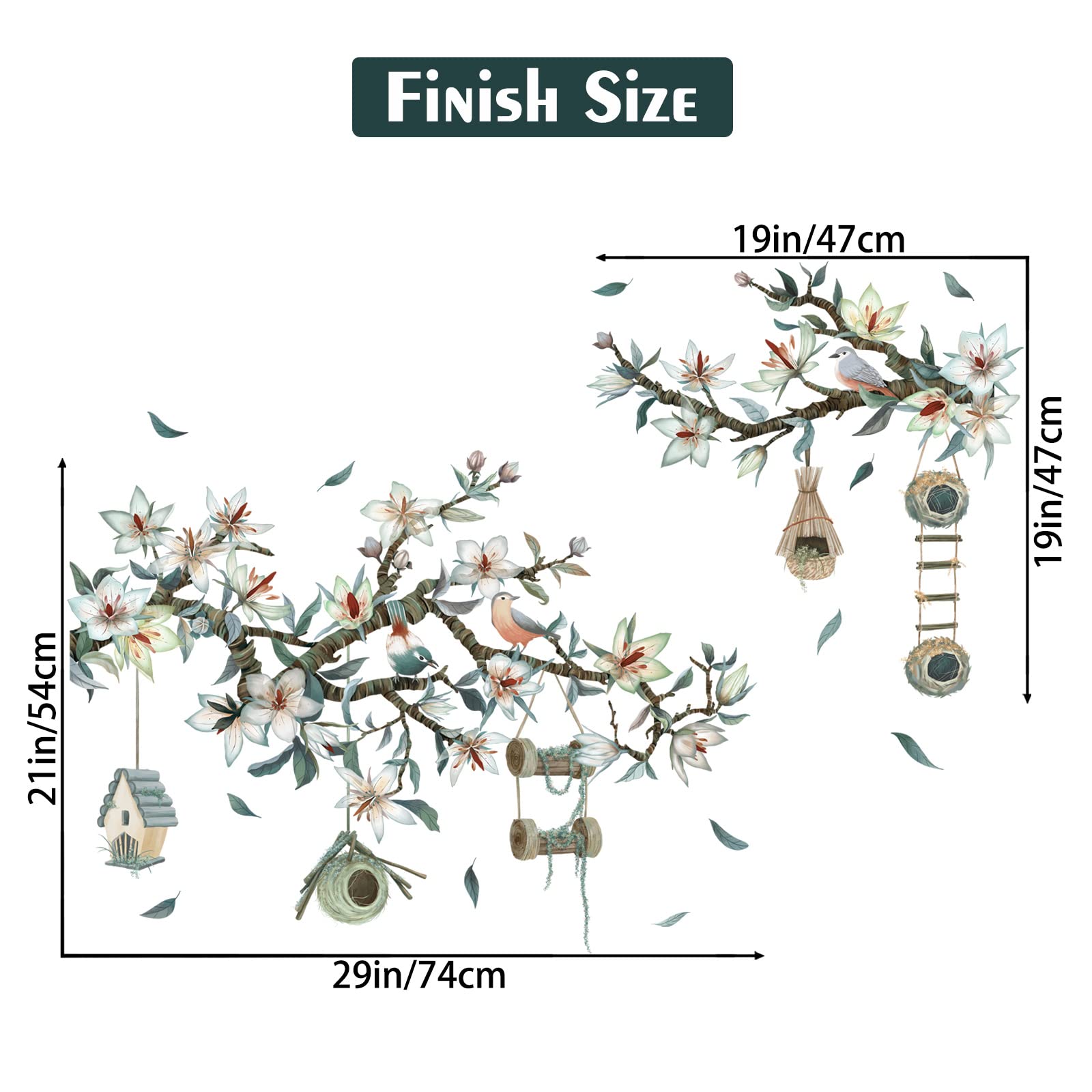 3D Magnolia Branch Wall Decals - DIY Removable Wall Stickers with Birdhouse & Flowers, Rustic Home Decor for Bedroom, Living Room, Nursery, Kitchen | Perfect for Girls Room, Farmhouse & Boho Style Interior Design
