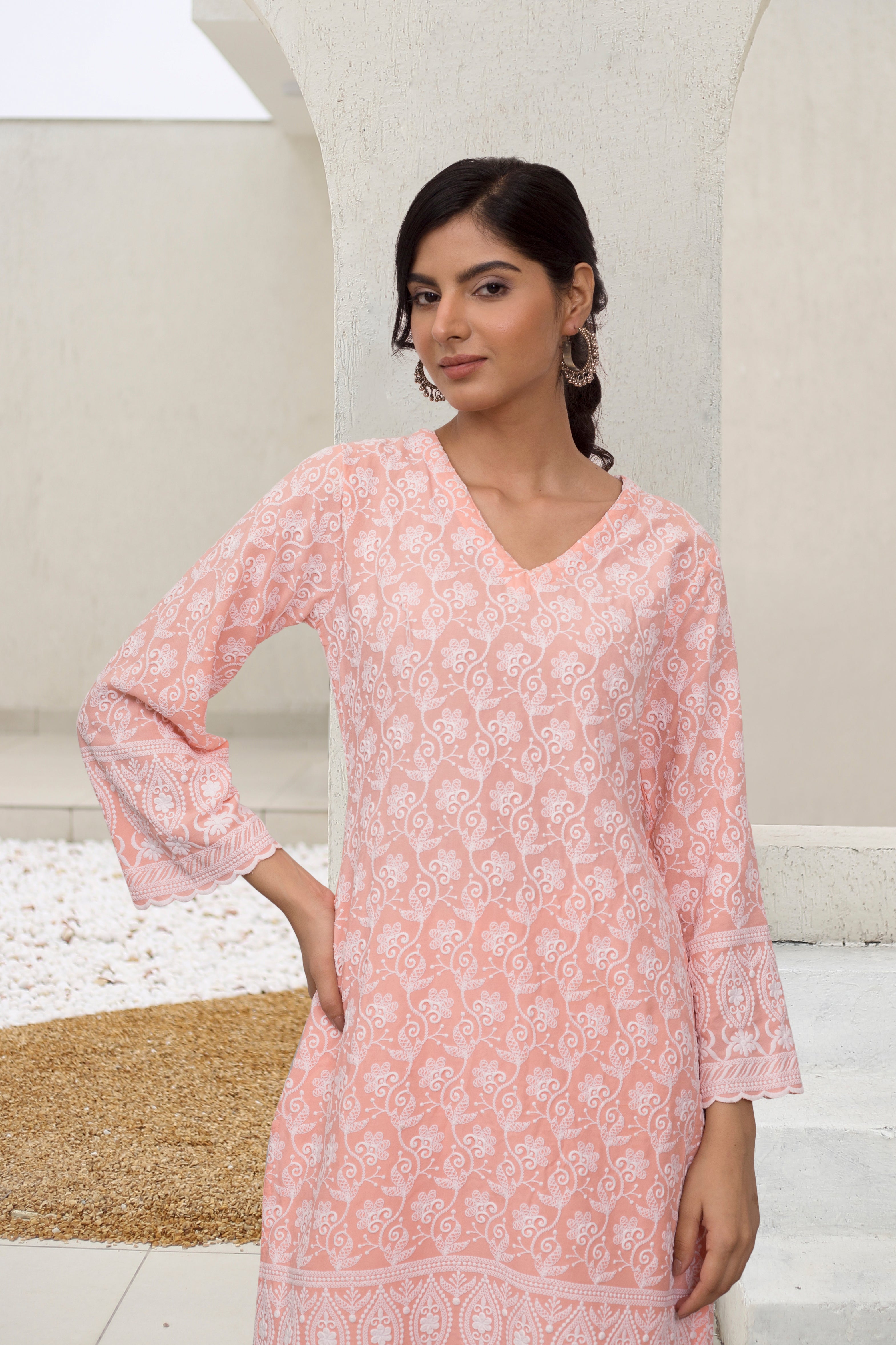Elegant Saba Chikankari Kurta Set in Soft Rayon - Orange Ethnic Embroidered Outfit for Women | Perfect for Festivals, Weddings & Cultural Events