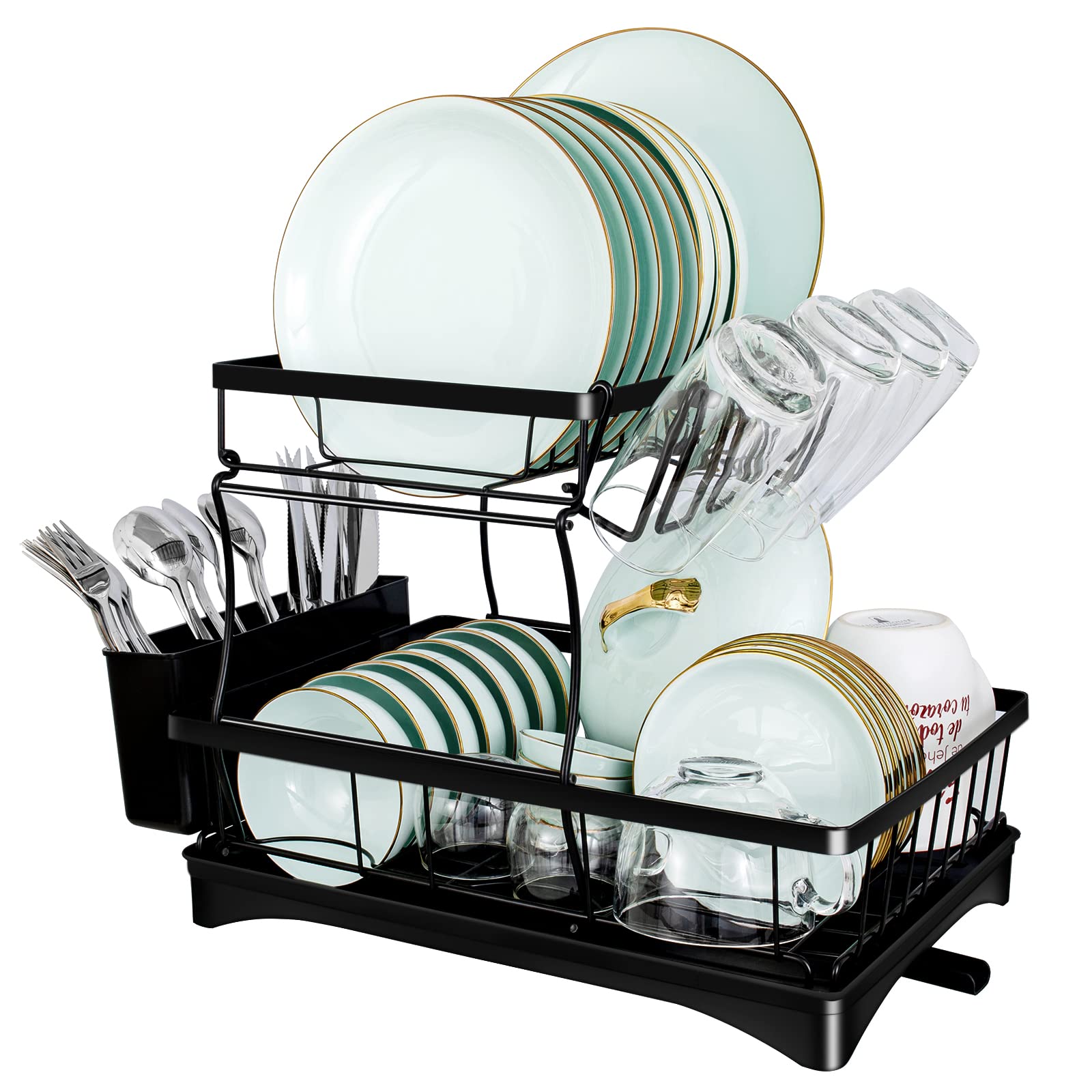 2-Tier Stainless Steel Dish Drying Rack with Drainboard - Large Capacity Kitchen Counter Organizer with Utensil Holder & Cup Rack (Black) - Perfect for Small Kitchens, Apartments & Dishwashing Organization