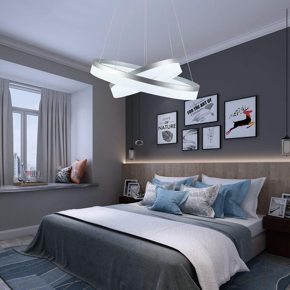 Modern LED Silver Chandelier - 2 Ring Dimmable Pendant Light Fixture, 6000K Cool White for Living Room, Bedroom, Kitchen Island, Restaurant & Dining Room | Elegant Lighting for Home Decor & Commercial Spaces