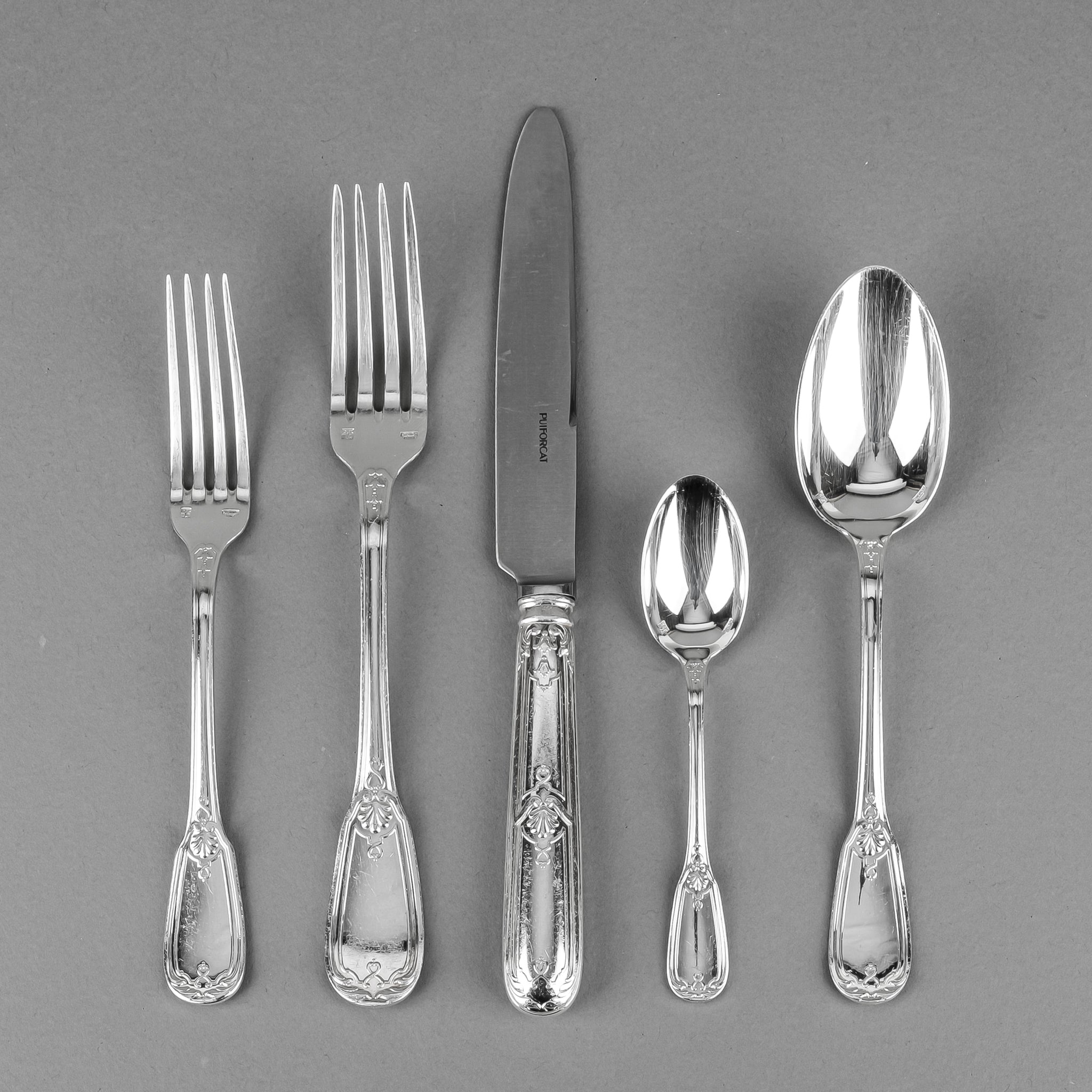 PUIFORCAT Lavalliere SP 7-Piece Flatware Set with Extras - Elegant Stainless Steel Cutlery for Fine Dining, Wedding Gifts & Formal Occasions