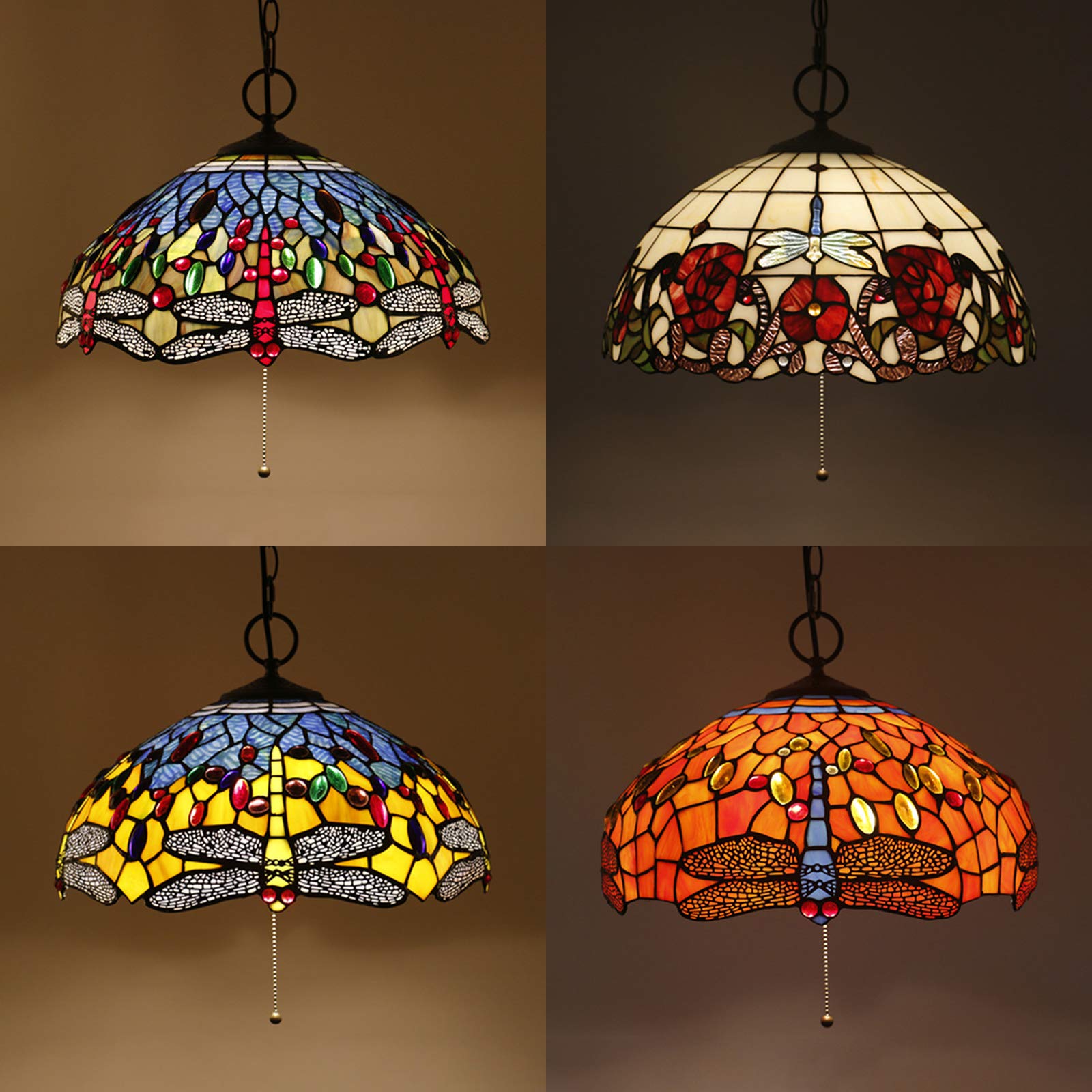 Rustic Dragonfly Stained Glass Pendant Light with Pull Chain - Orange Hanging Light for Restaurant, Cafe, Bar & Home Decor