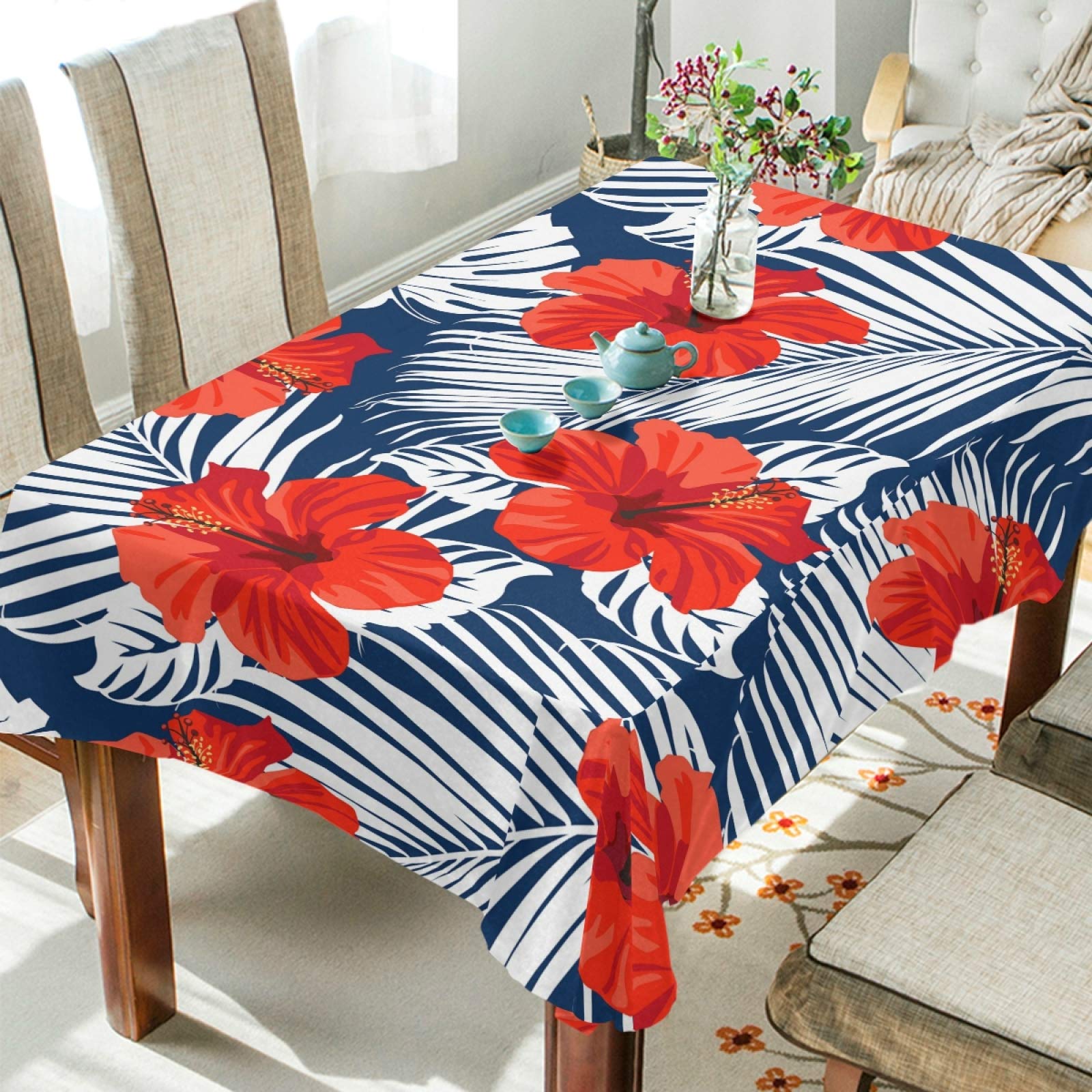 Red Hibiscus & Palm Leaf Polyester Tablecloth 60x90 Inch - Rectangle Party Table Decor for Dining, Wedding, Outdoor Events & Tropical Themed Gatherings