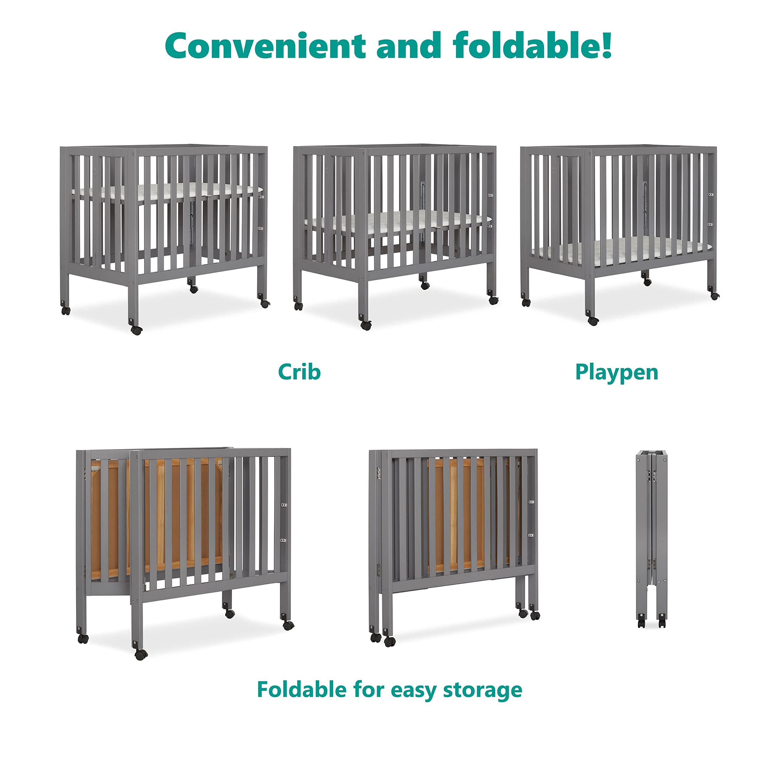 Dream On Me Jett Convertible Folding Crib - Lightweight Portable Travel Crib with 3 Adjustable Mattress Heights | Includes 1.5