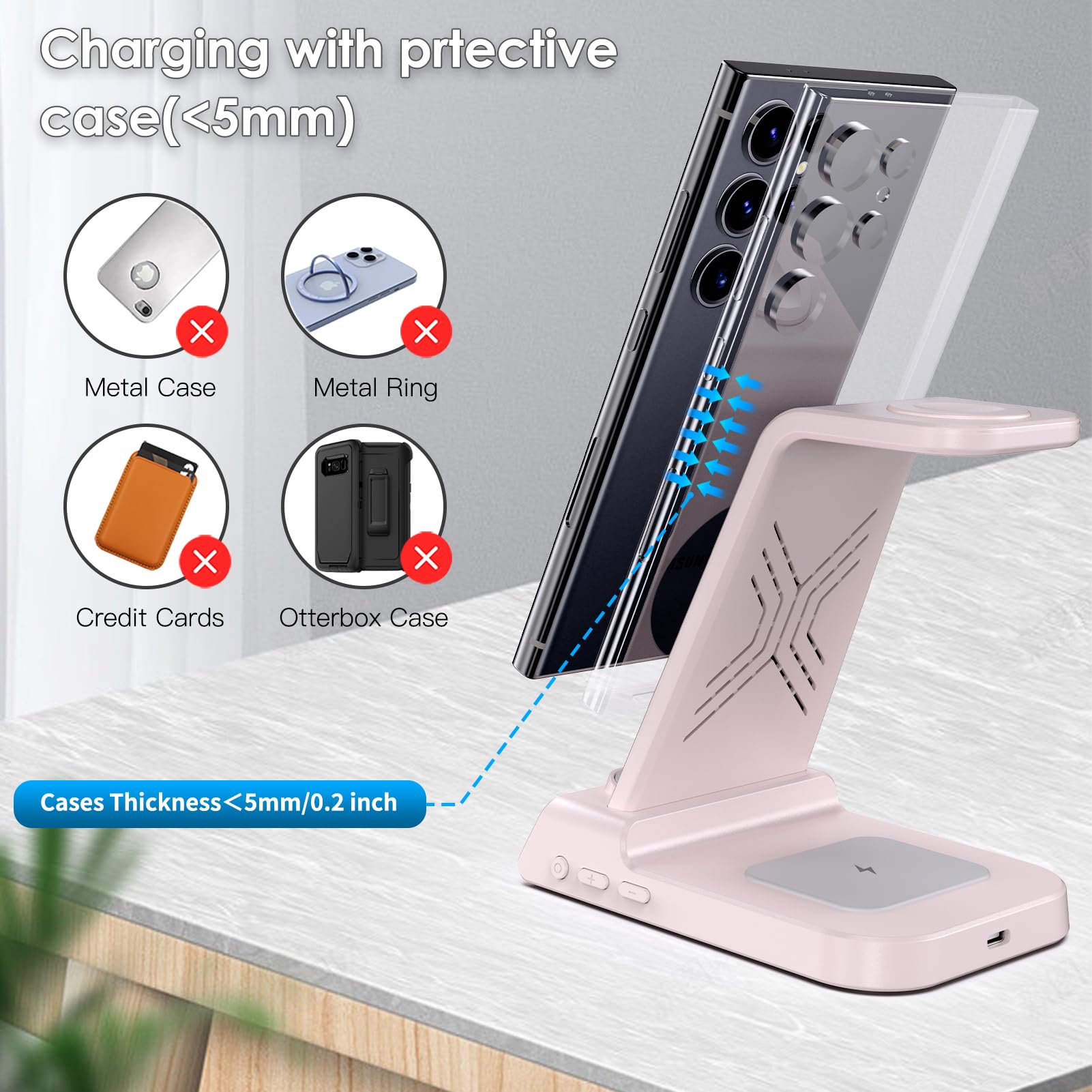 3-in-1 Wireless Charging Station with Digital Clock for Samsung Galaxy S25 Ultra/S24 Ultra/Z Flip 6/5/Fold 5/Buds 2 - Fast Charger for Galaxy Watch 7/6/5 Pro (Pink) | Perfect for Bedside, Office & Travel Use