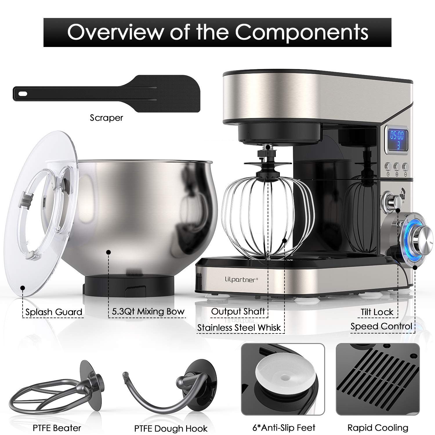 5.3-QT Stand Mixer with LCD Display - 6+ Speed Tilt-Head Electric Kitchen Mixer, Stainless Steel Bowl & Attachments (Dough Hook, Beater, Whisk) - Perfect for Baking Cakes, Cookies, Bread & Pastries