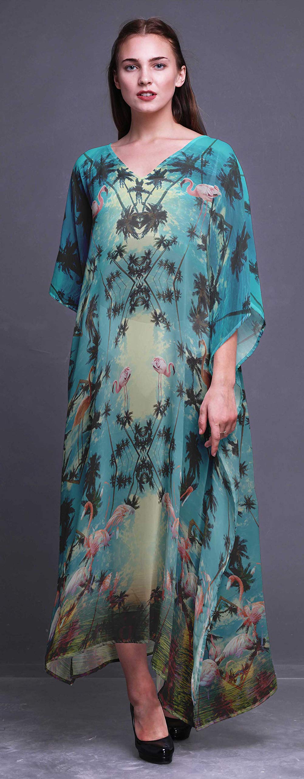 Women's Floral Palm Tree & Flamingo Beach Kaftan - Breezy Long Maxi Dress Cover Up for Swimwear | Perfect for Pool Parties, Vacations & Summer Outings