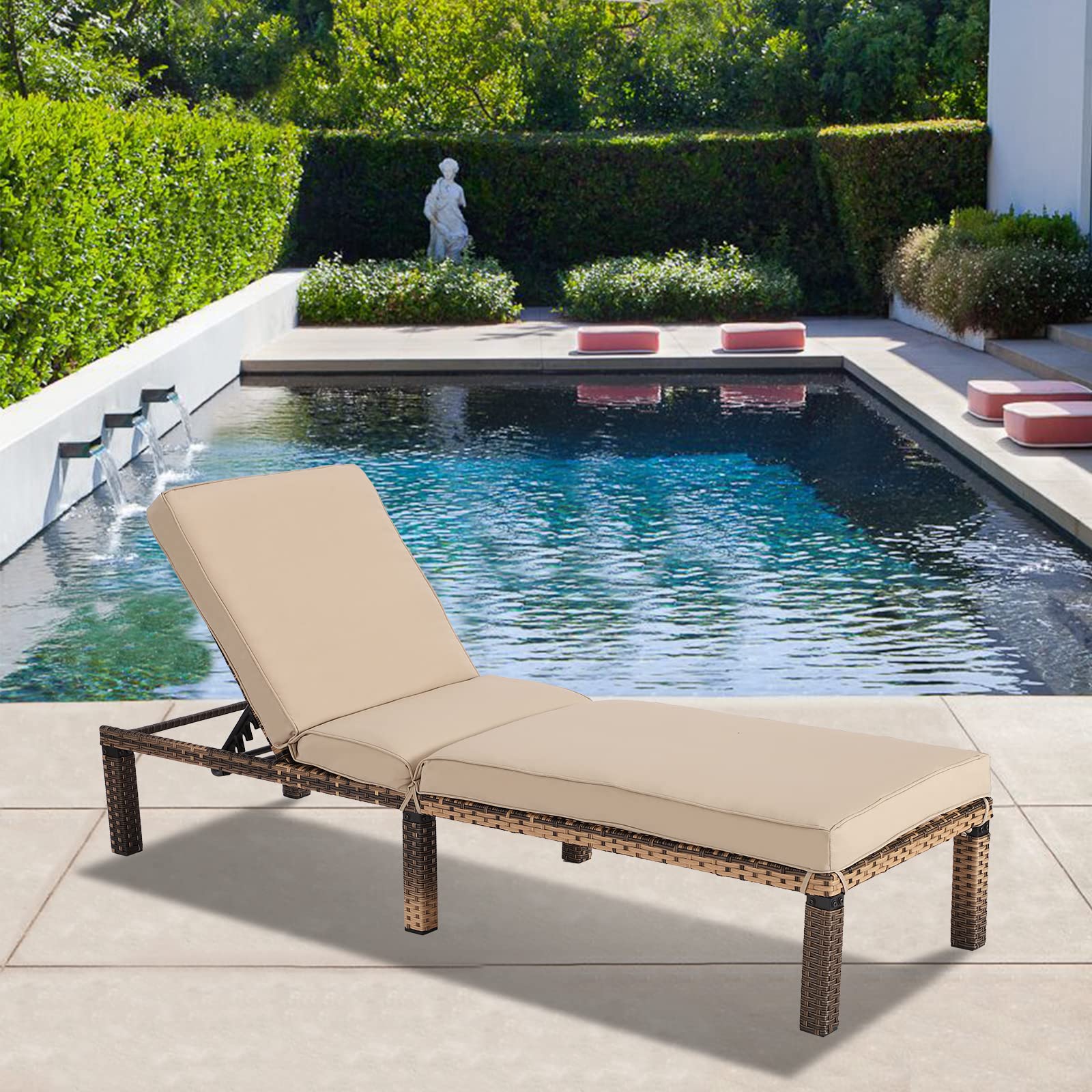Adjustable Wicker Chaise Lounge with Cushions - Outdoor Patio Pool Chair, Beach Lounger, Tanning Bed & Yard Relaxation for Backyard, Garden, Deck & Resort
