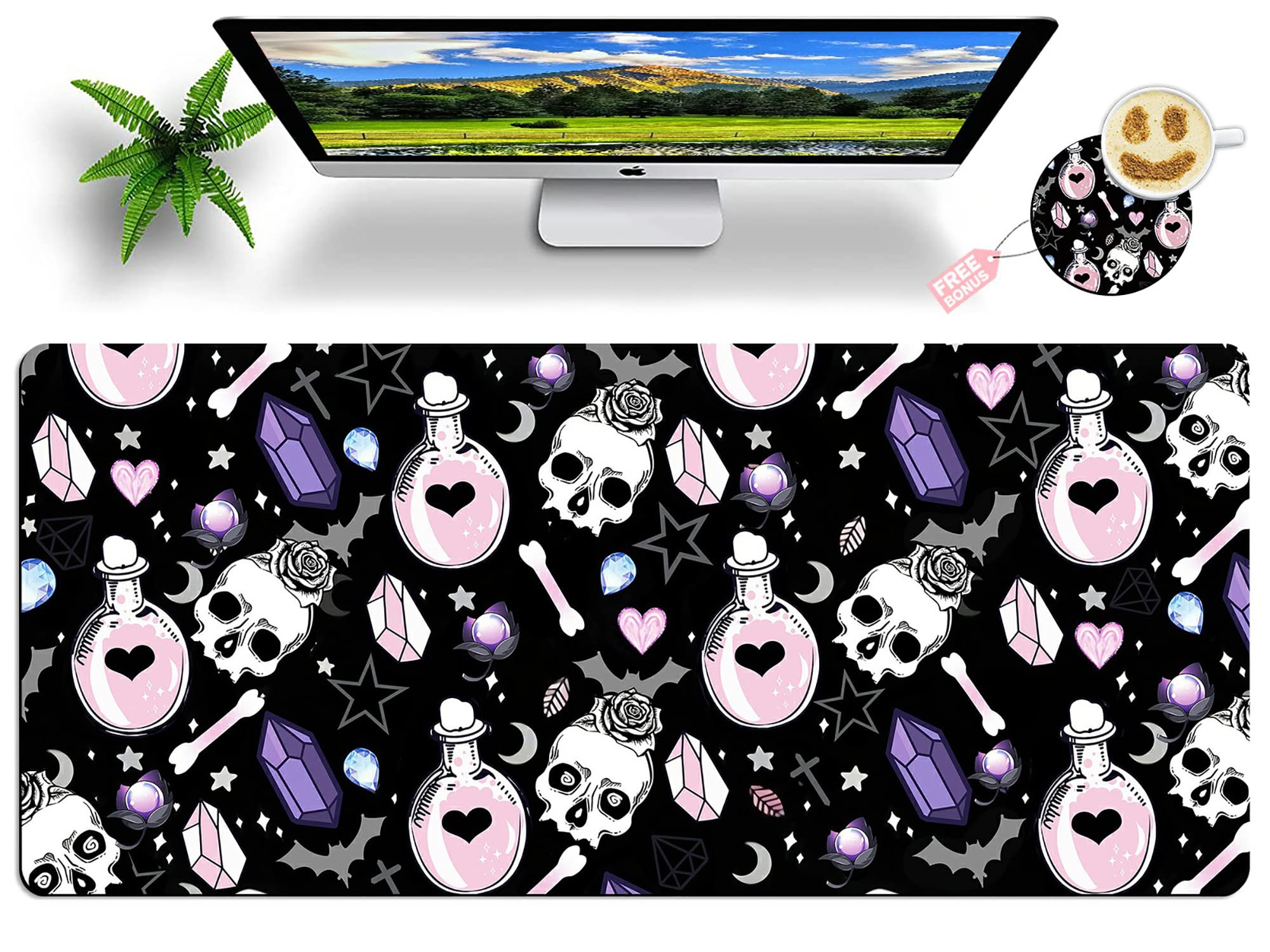 Large Skull Goth Magic Witchy Theme Mouse Pad with Coaster - 35.4x15.7 Inch XXL Gaming Mousepad, Stitched Edges Desk Mat for Office, Home & PC Setup | Perfect for Gaming, Workstations & Aesthetic Desk Decor